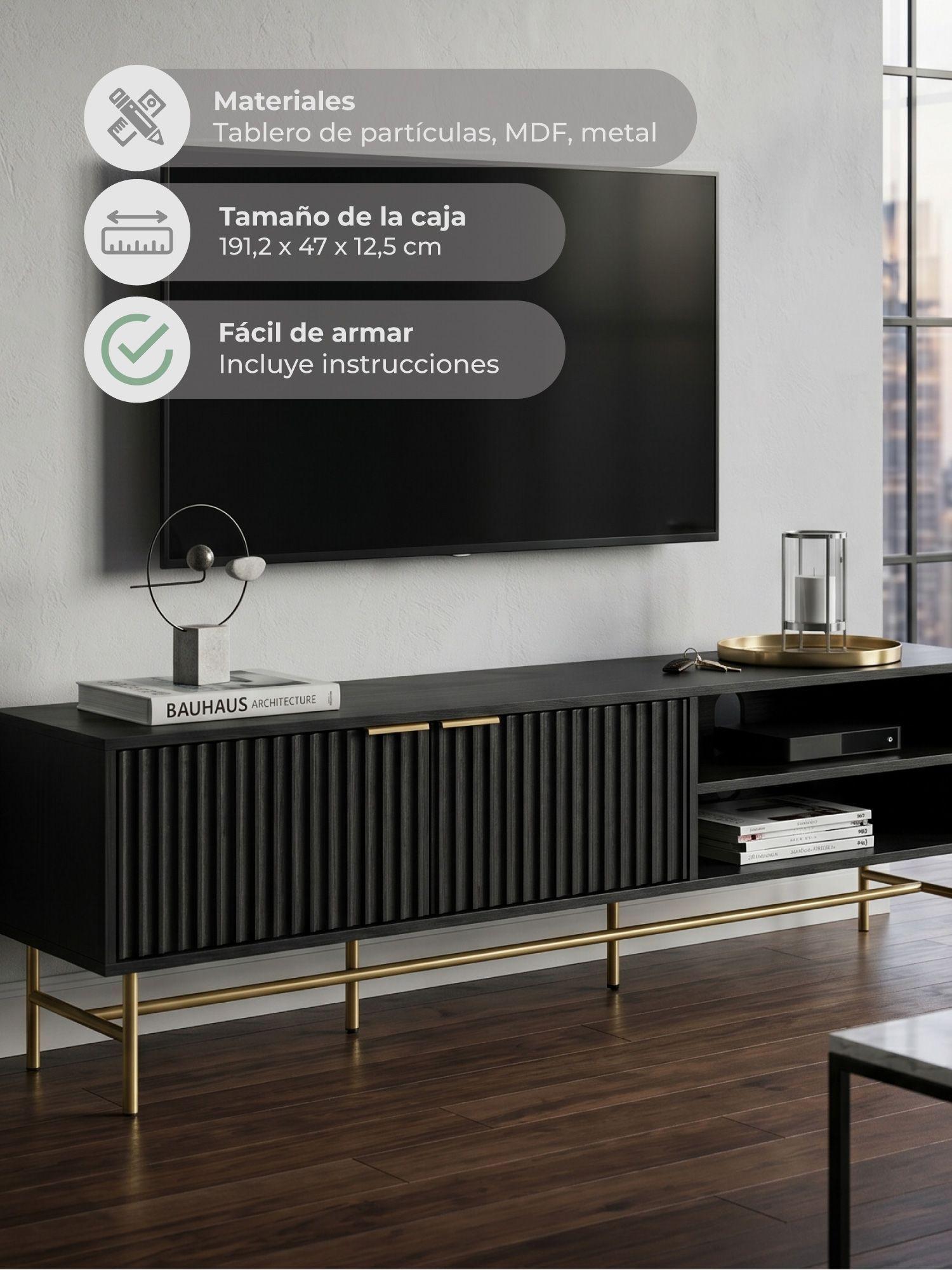 Rack TV  Queens Relan Estilo Madera Roble Negra Diseño Acanalado Con Puertas y Estantes 180 Cm-6