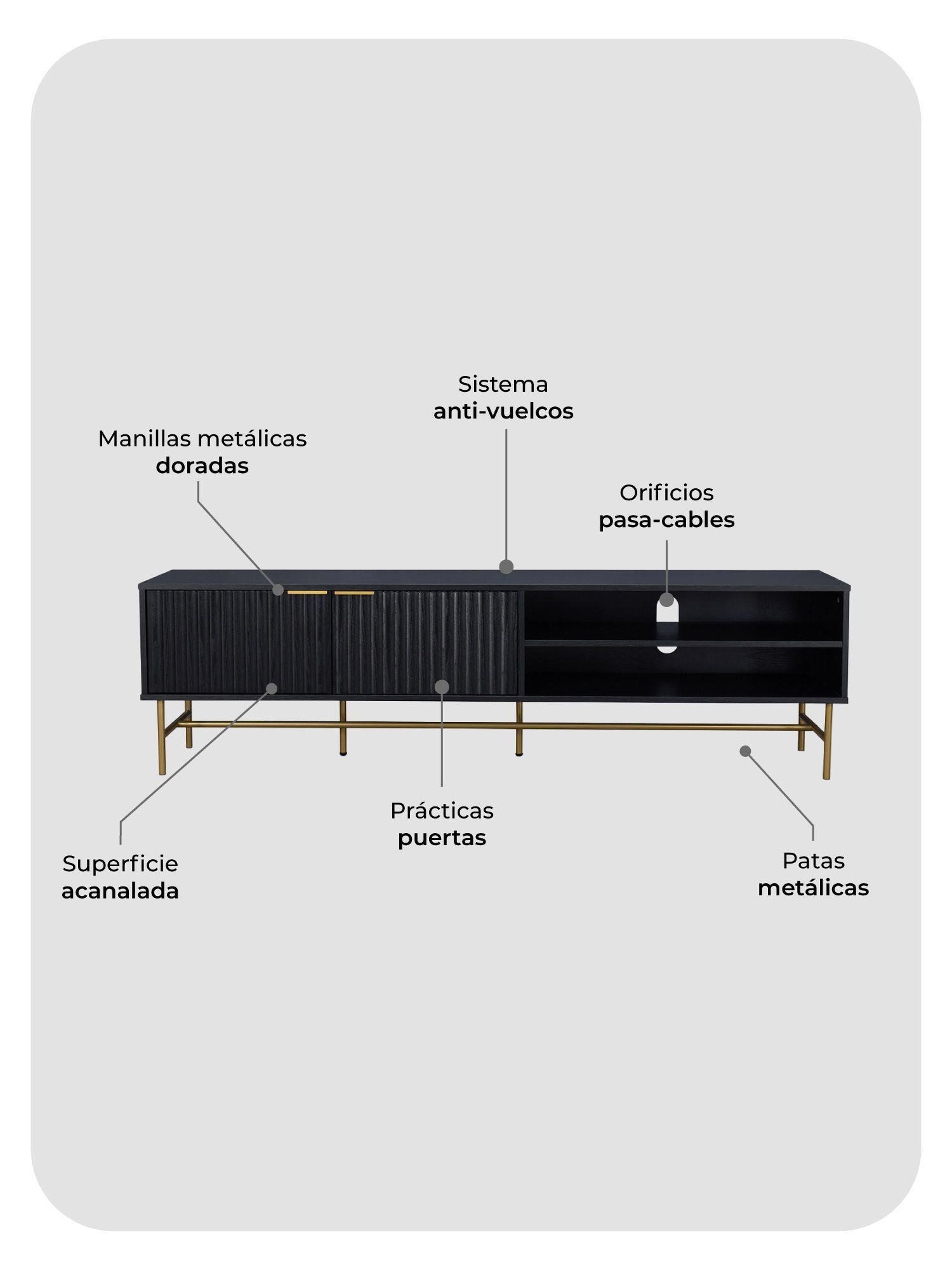 Rack TV  Queens Relan Estilo Madera Roble Negra Diseño Acanalado Con Puertas y Estantes 180 Cm-7