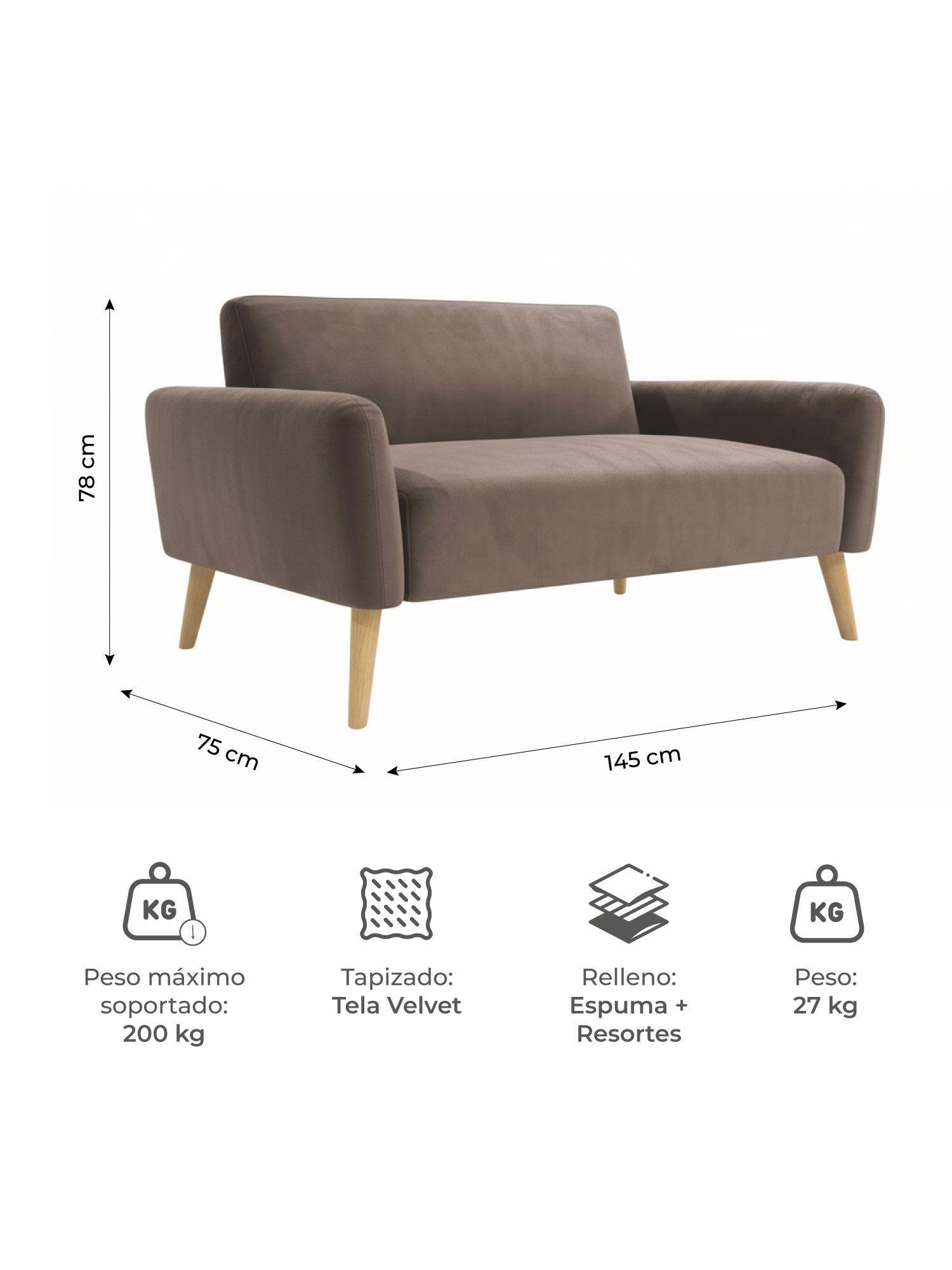 Sofá 2 Cuerpos Nemi Relan Tapizado en Terciopelo Color Café -2