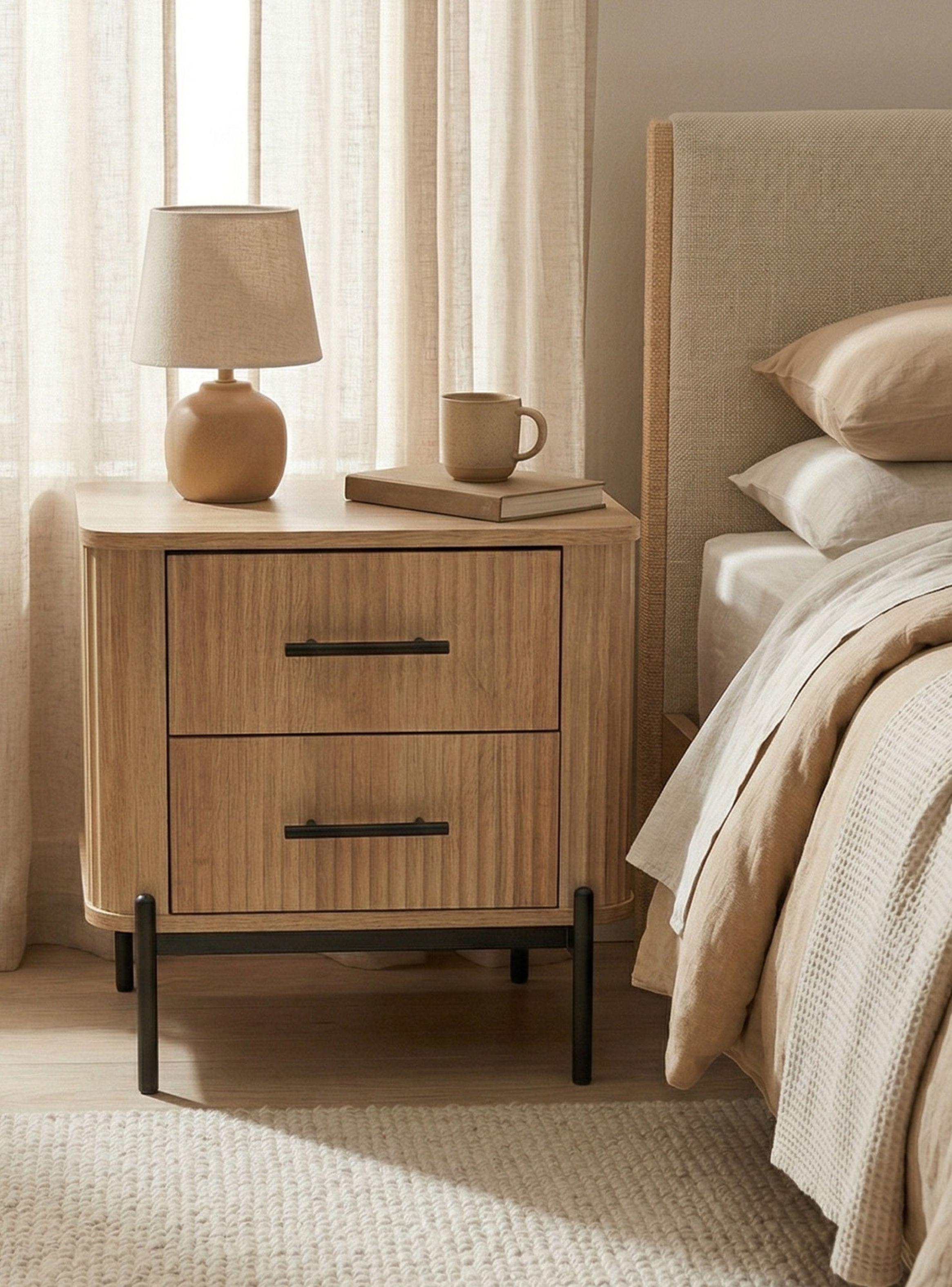 Velador Drift Relan Diseño Acanalador Con 2 Cajones Color Café Claro y Negro-1