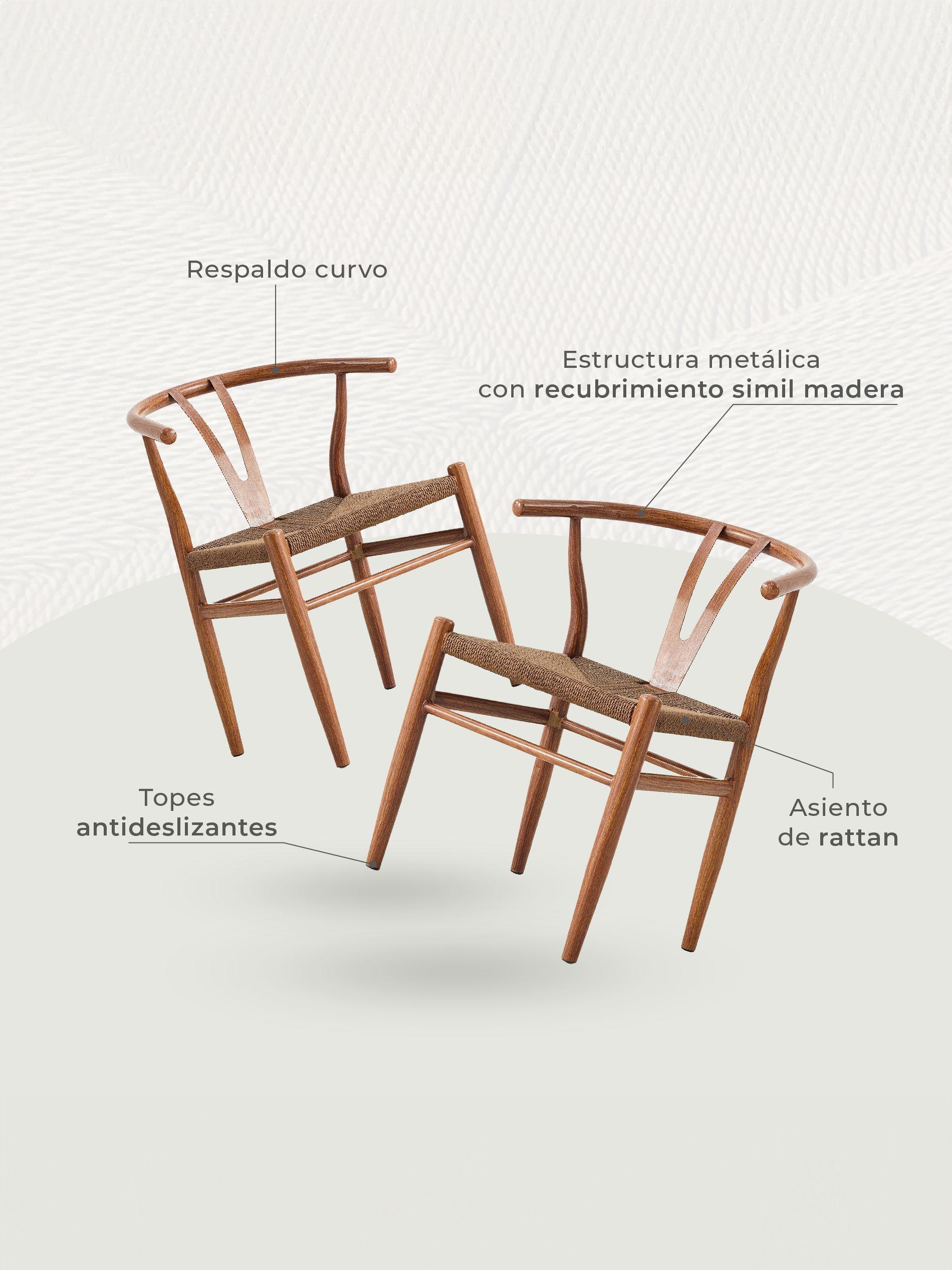 Set 2 Sillas de Comedor Wishbone Relan Makati Acero Ratán-5