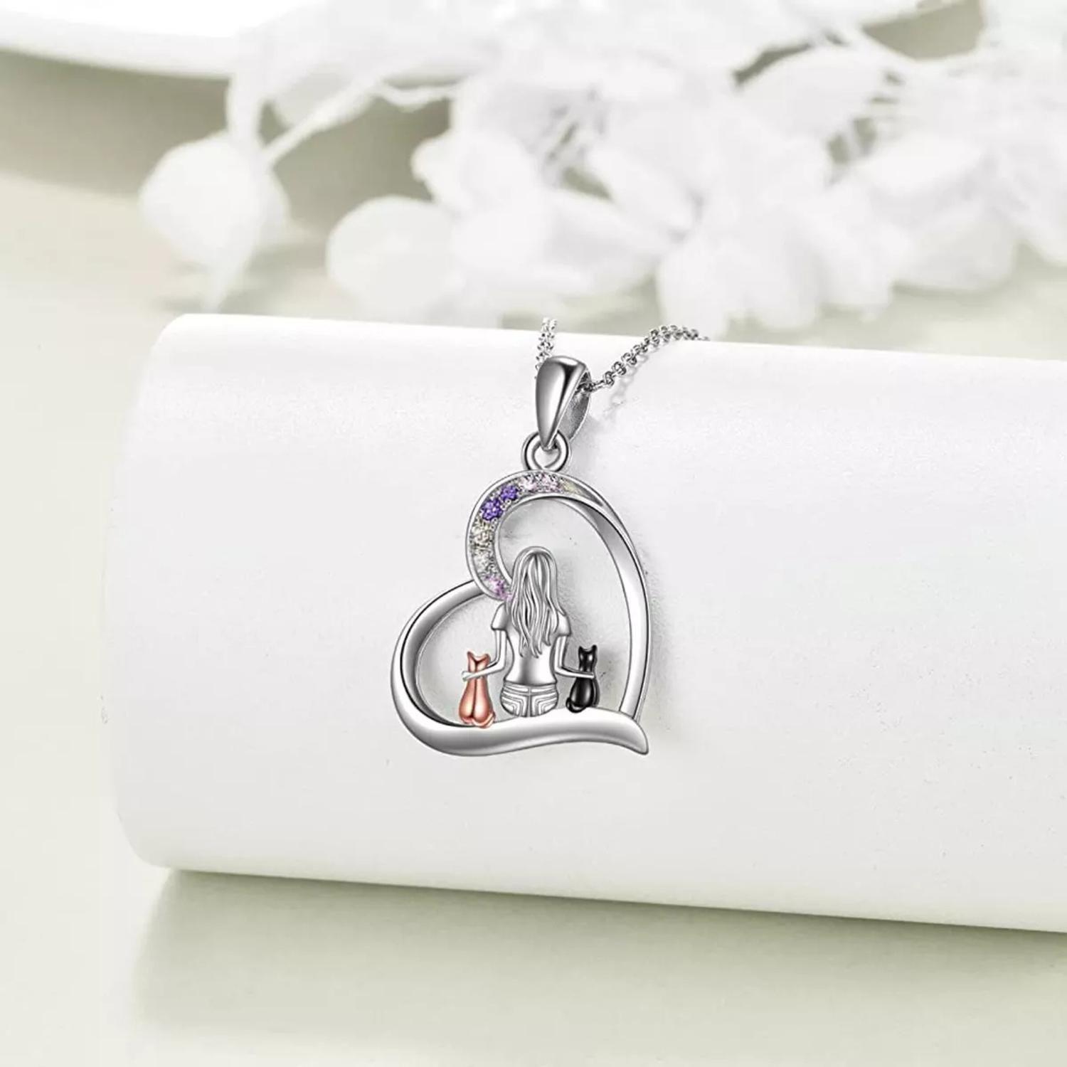 Collar Plata Fina 925 Colgante Dos Gatos Regalo Mujer Joyas-3