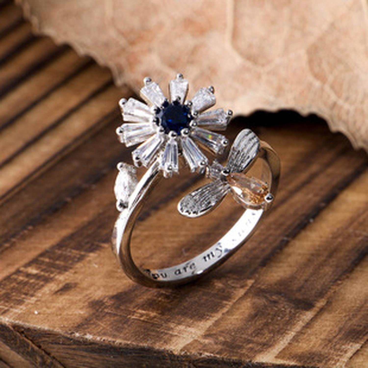 Anillo Giratorio Flor Girasol Abeja Plata 925 Antiestres-2