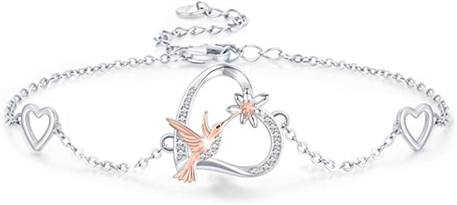 Pulsera Plata 925 Colibri Oro Rosa Flor Mujer Regalo Joyas-0