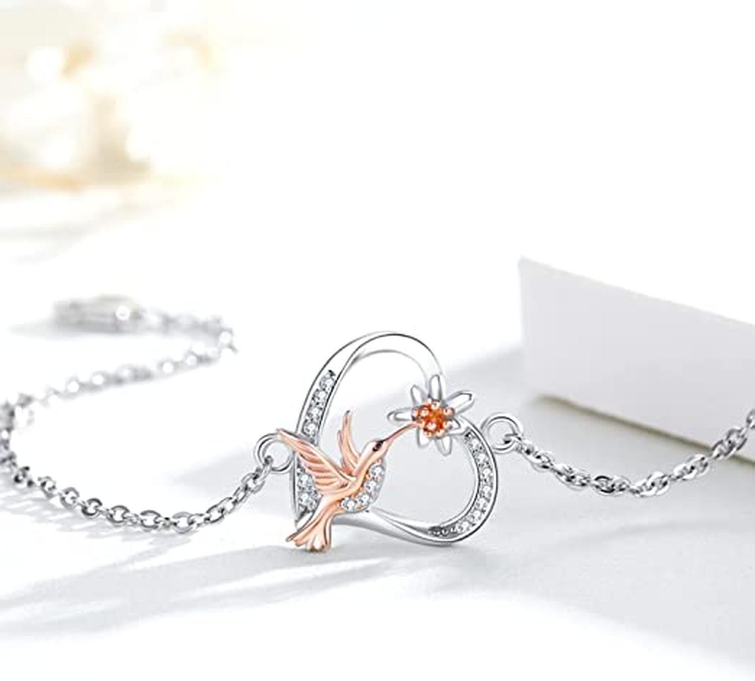 Pulsera Plata 925 Colibri Oro Rosa Flor Mujer Regalo Joyas-1