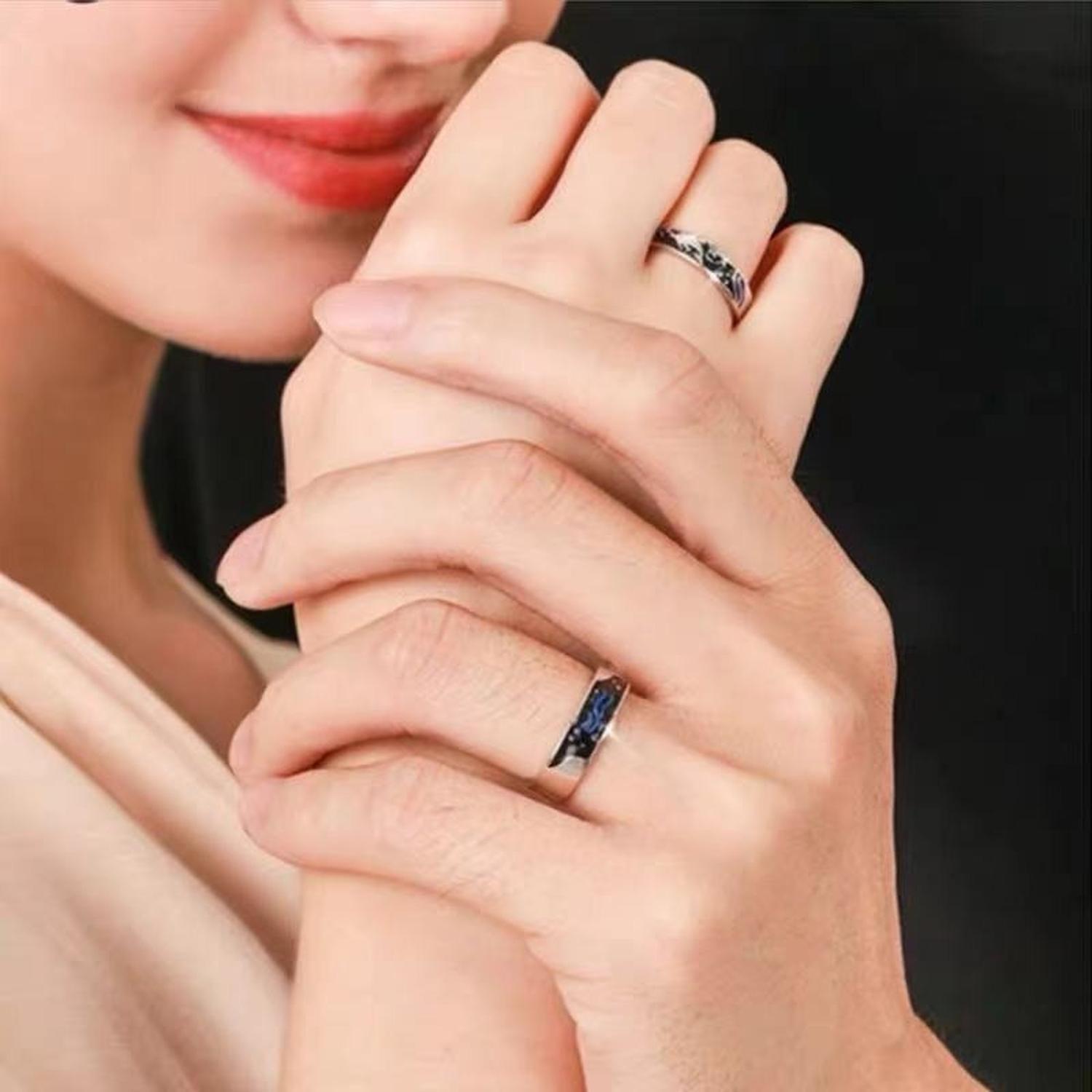 Anillos Plata Pareja Compromiso Oceano Ballena Ajustable-2