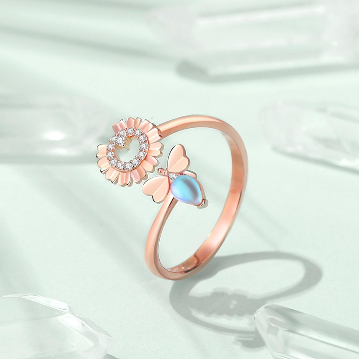 Anillo Plata 925 Margarita Abeja Piedra Lunar Joyas Mujer-3