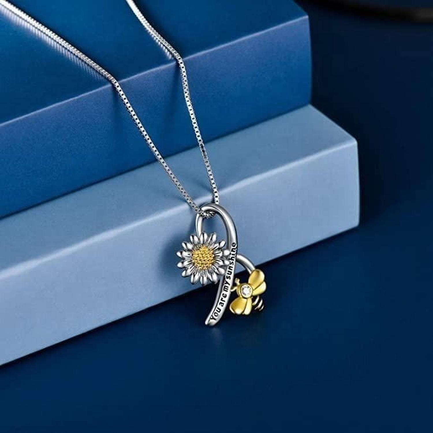 Collar Plata Fina 925 Girasol & Abeja Infinito Baño Oro-2