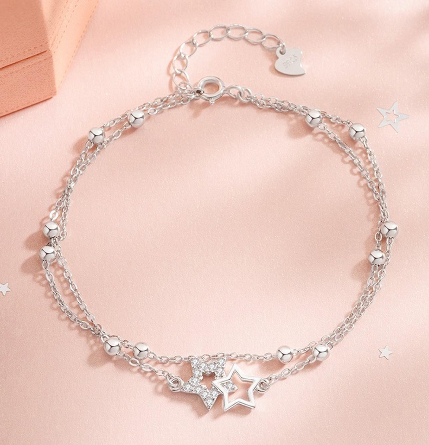 Pulsera Plata Fina 925 Cuentas Estrellas Mujer Regalo Joyas-3