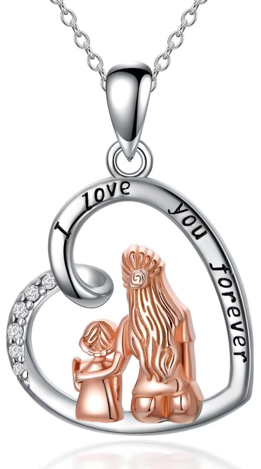 Collar Plata Fina 925 Madre E Hija Colgante Baño Oro Corazon-0