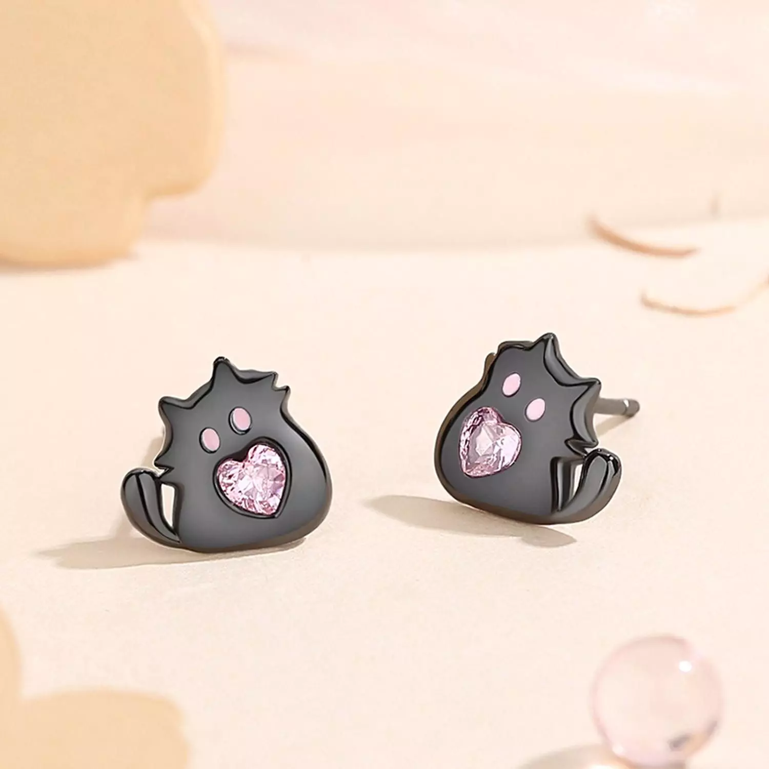 Aros Plata 925 Gato Gatito Suertudo Negro Corazón Rosa Amor-2