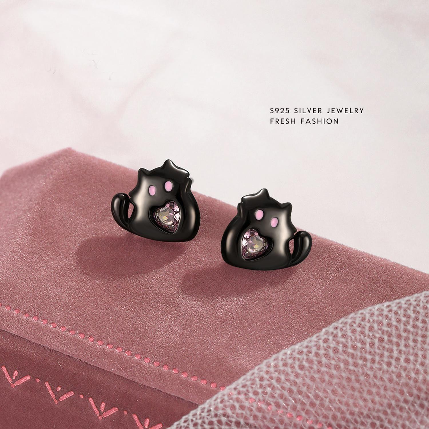 Aros Plata 925 Gato Gatito Suertudo Negro Corazón Rosa Amor-4