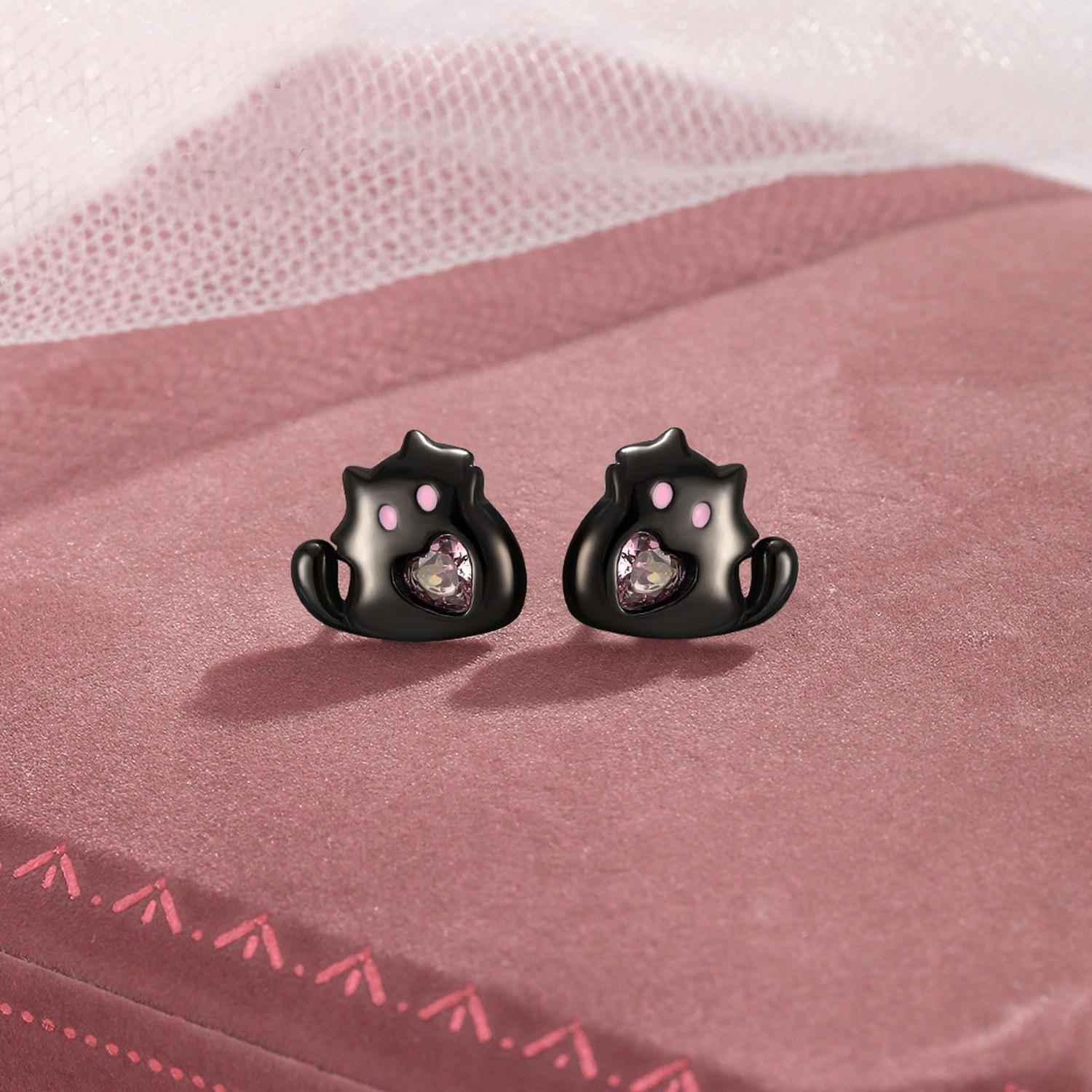 Aros Plata 925 Gato Gatito Suertudo Negro Corazón Rosa Amor-5