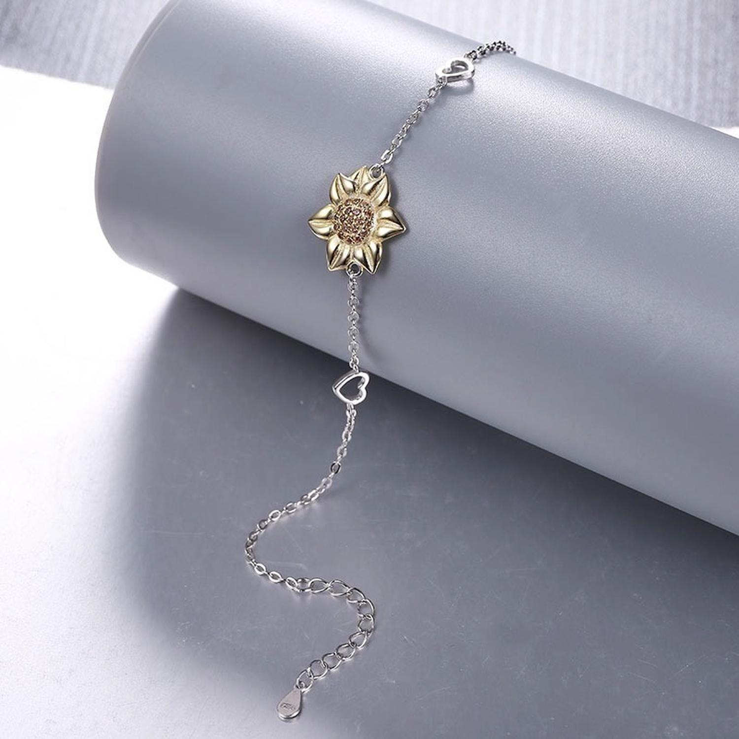 Pulsera Brazalete Plata Fina 925 Flor De Girasol Y Corazones-2