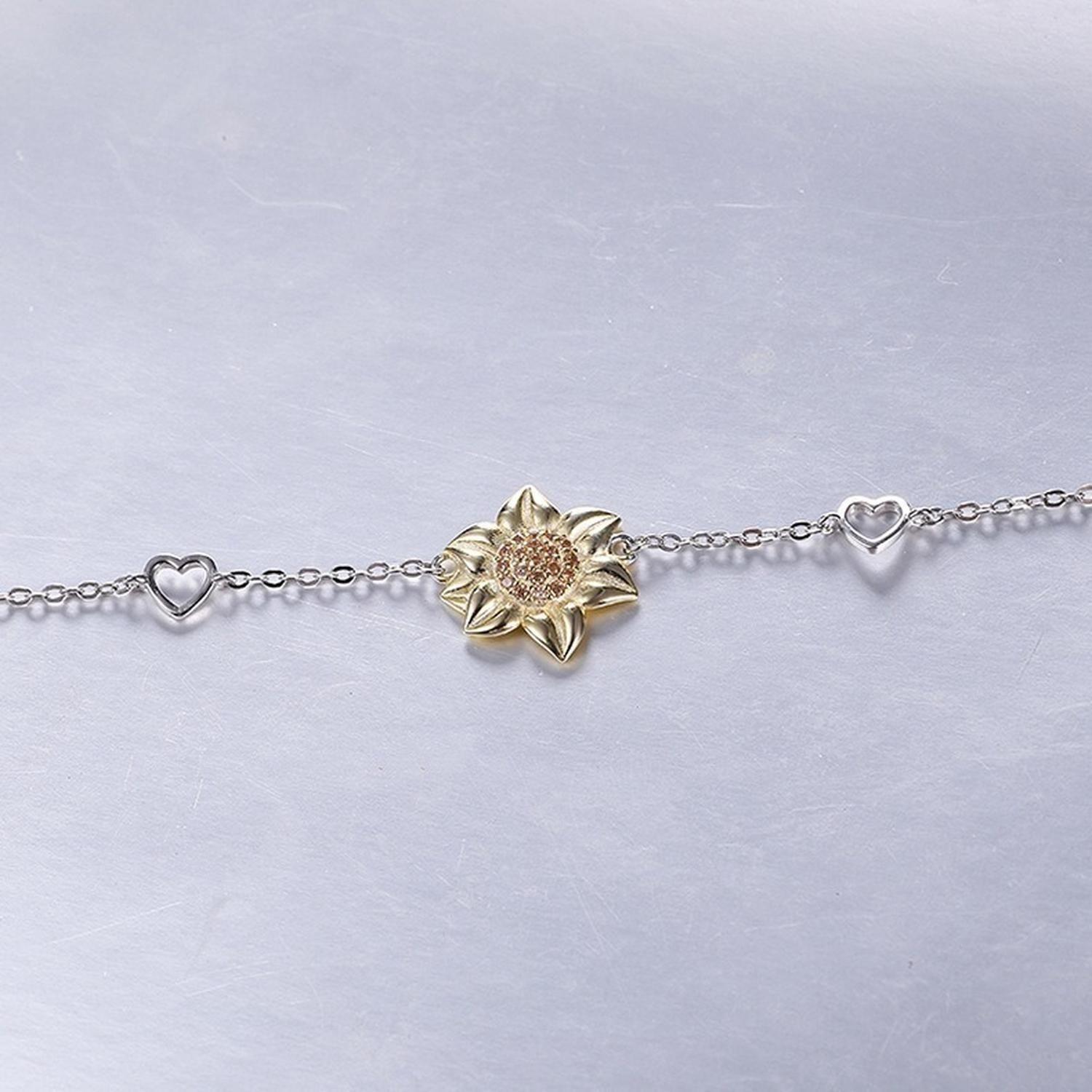 Pulsera Brazalete Plata Fina 925 Flor De Girasol Y Corazones-4