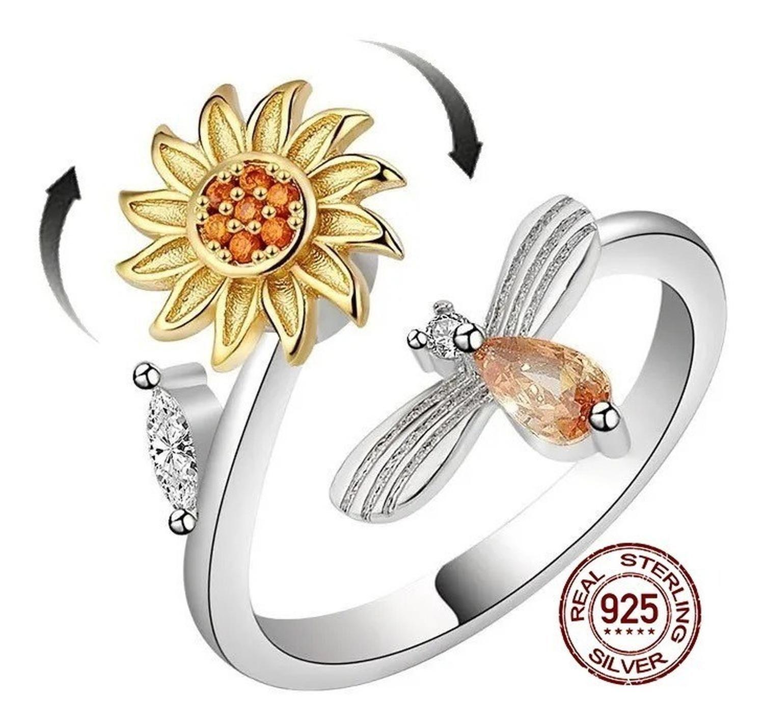 Anillo Flor Girasol Giratorio Plata 925 Antiestres Circonio-0