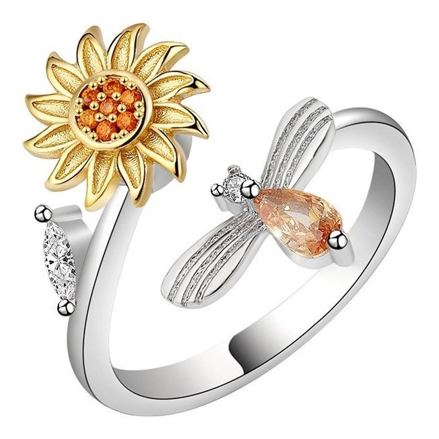 Anillo Flor Girasol Giratorio Plata 925 Antiestres Circonio-2