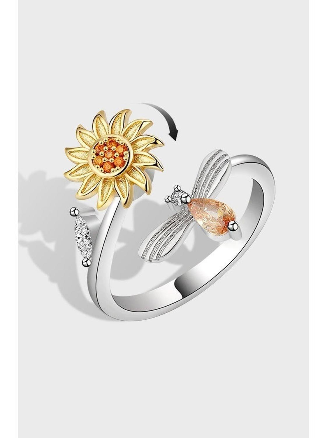 Anillo Flor Girasol Giratorio Plata 925 Antiestres Circonio-3