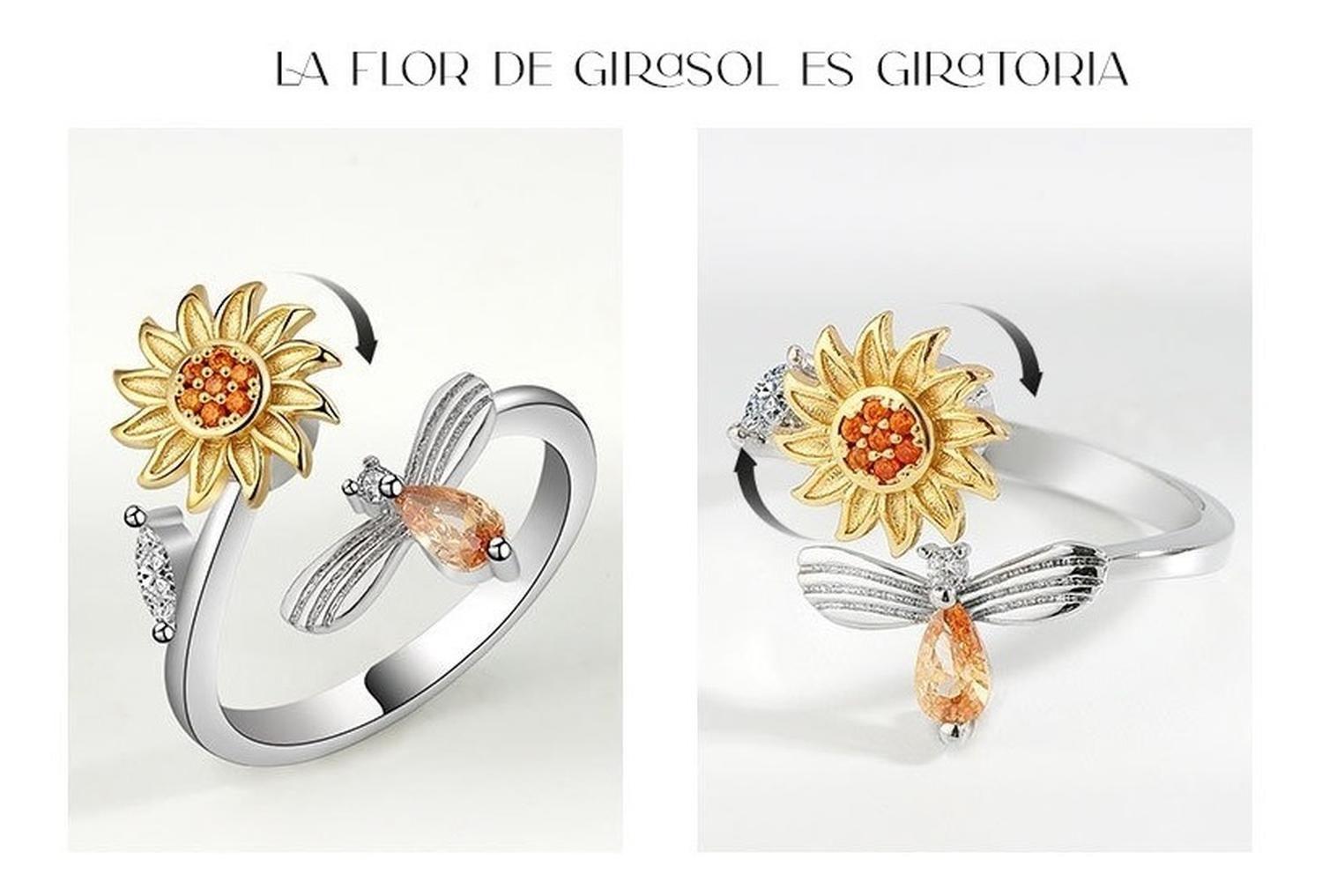 Anillo Flor Girasol Giratorio Plata 925 Antiestres Circonio-5