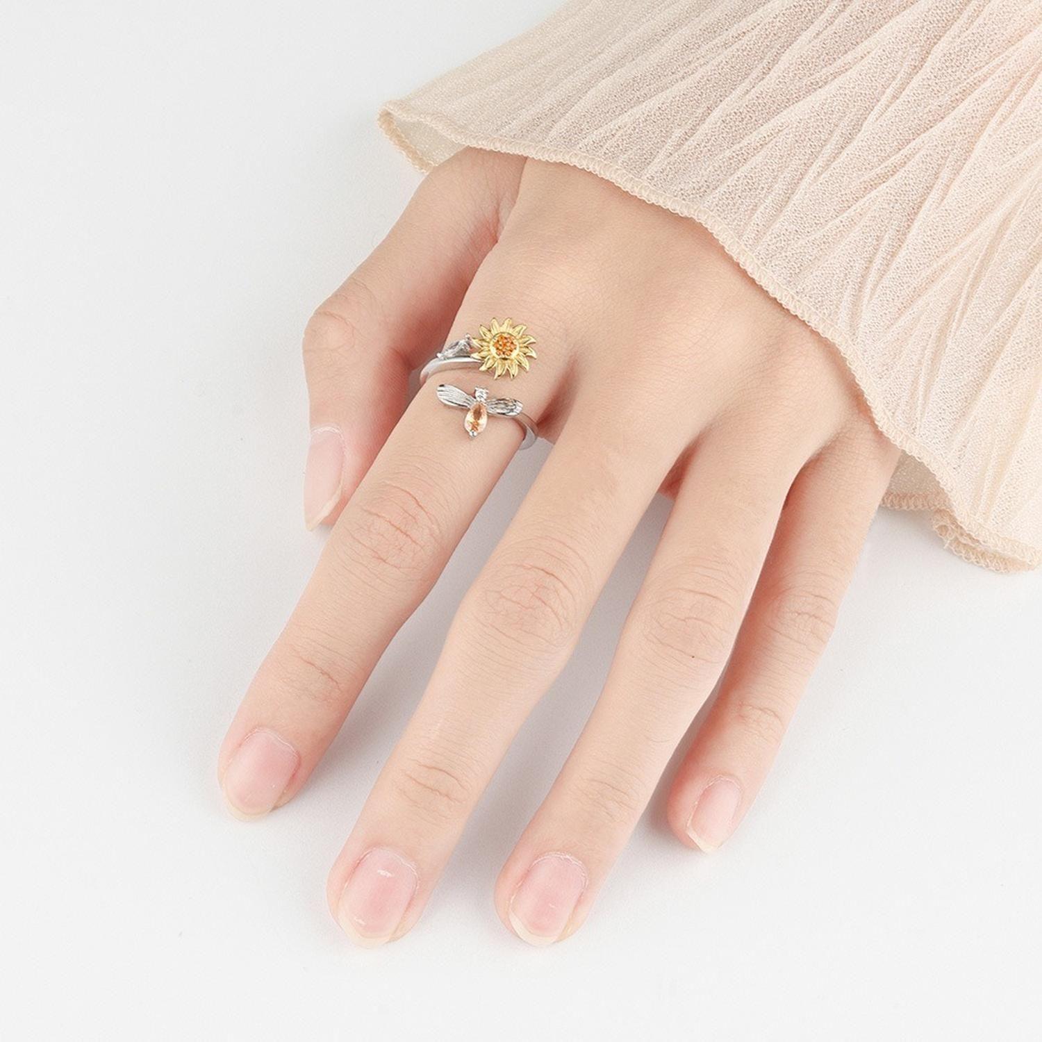Anillo Flor Girasol Giratorio Plata 925 Antiestres Circonio-6