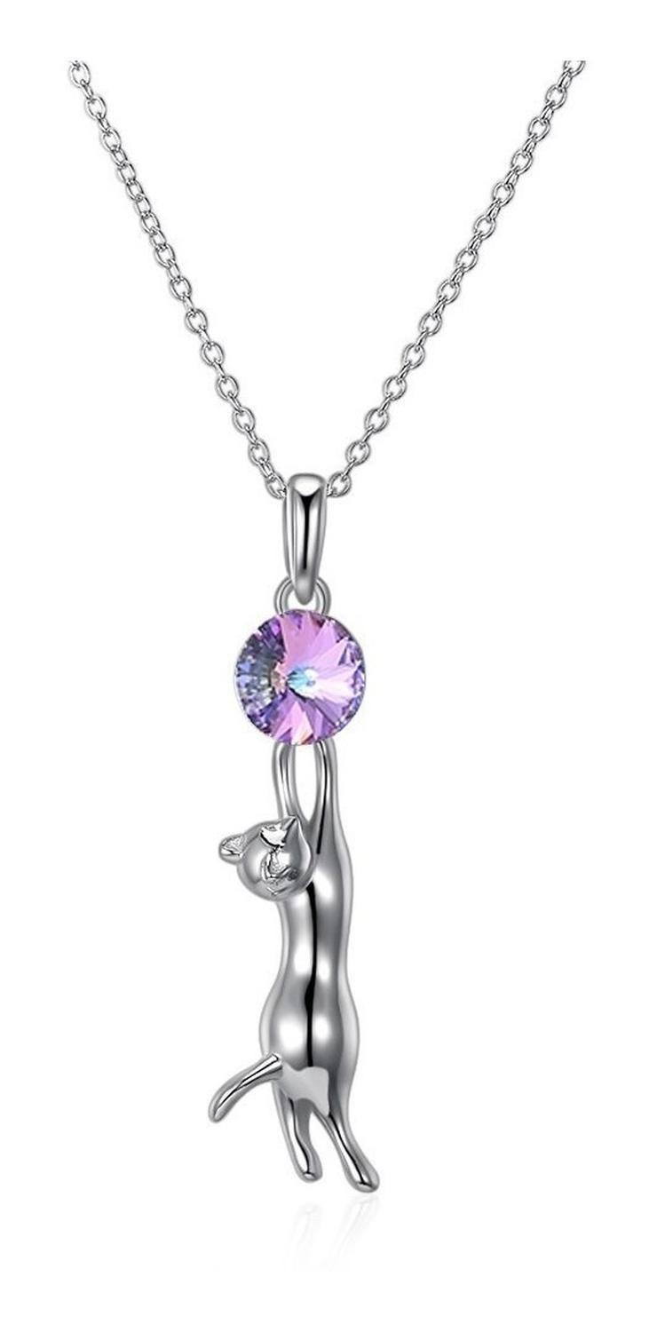 Collar Gato Tornasol Gatito Plata 925 Cristales Joyas Mujer-0