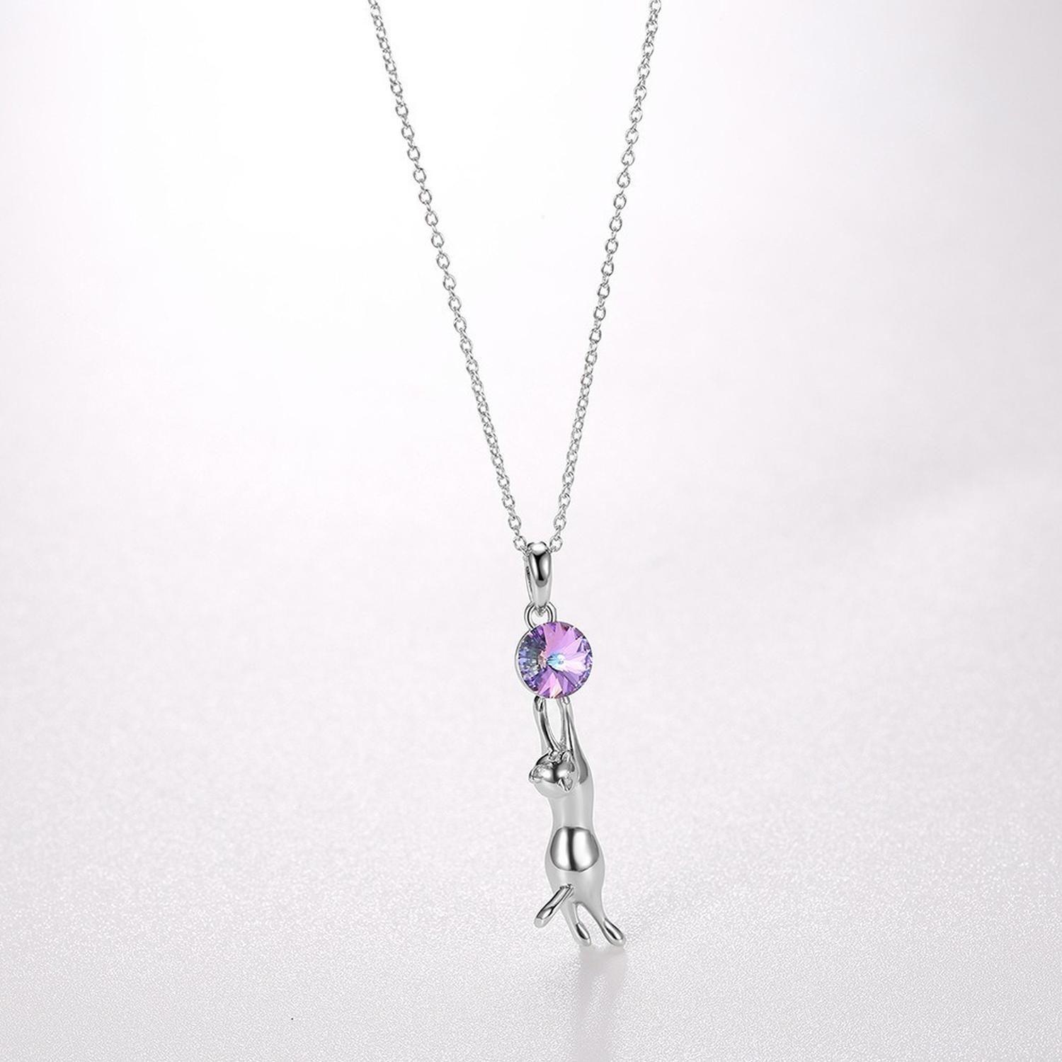 Collar Gato Tornasol Gatito Plata 925 Cristales Joyas Mujer-3