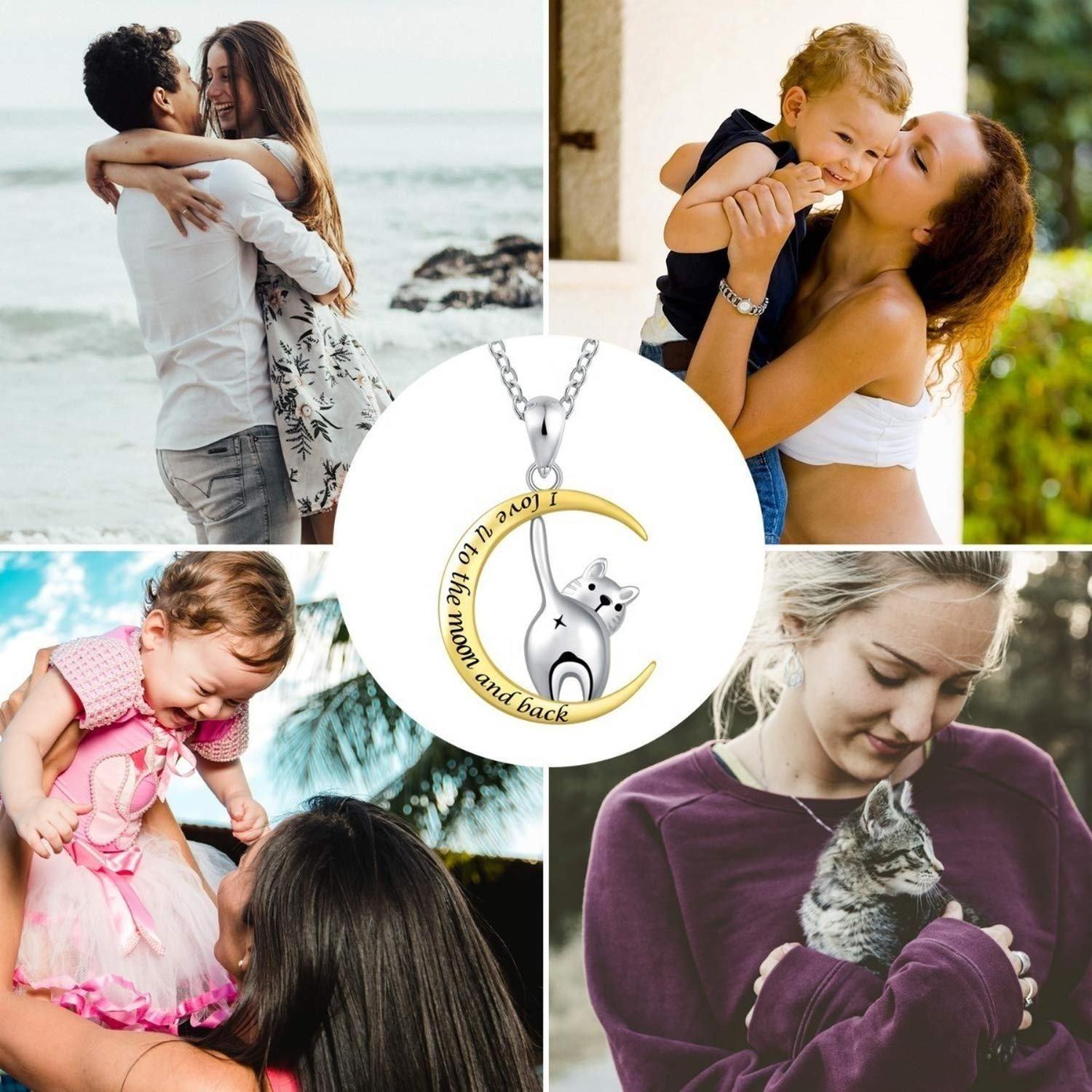 Collar Plata Fina 925 Gatito Gato Luna Baño Oro 18k Te Amo-1