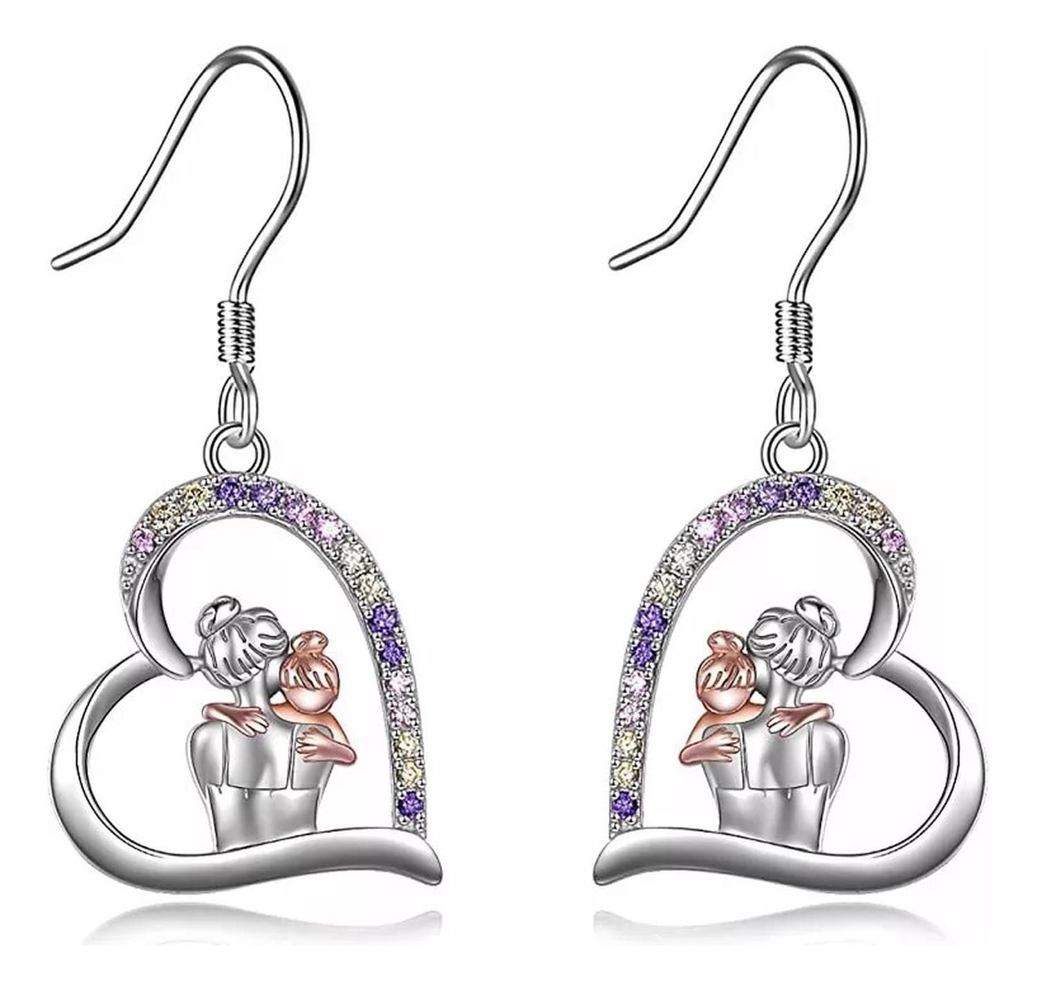 Aros Mama E Hija Plata 925 Pendientes Corazón Regalo Mujer-0