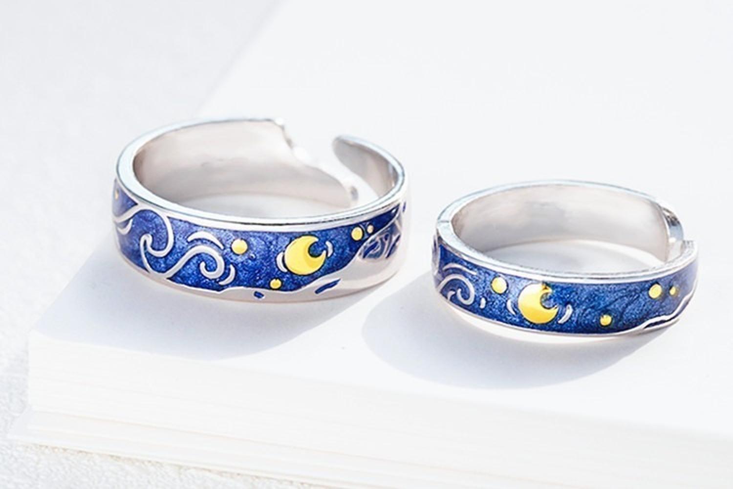 Anillos Plata 925 Pareja Compromiso Van Gogh Ajustable-7