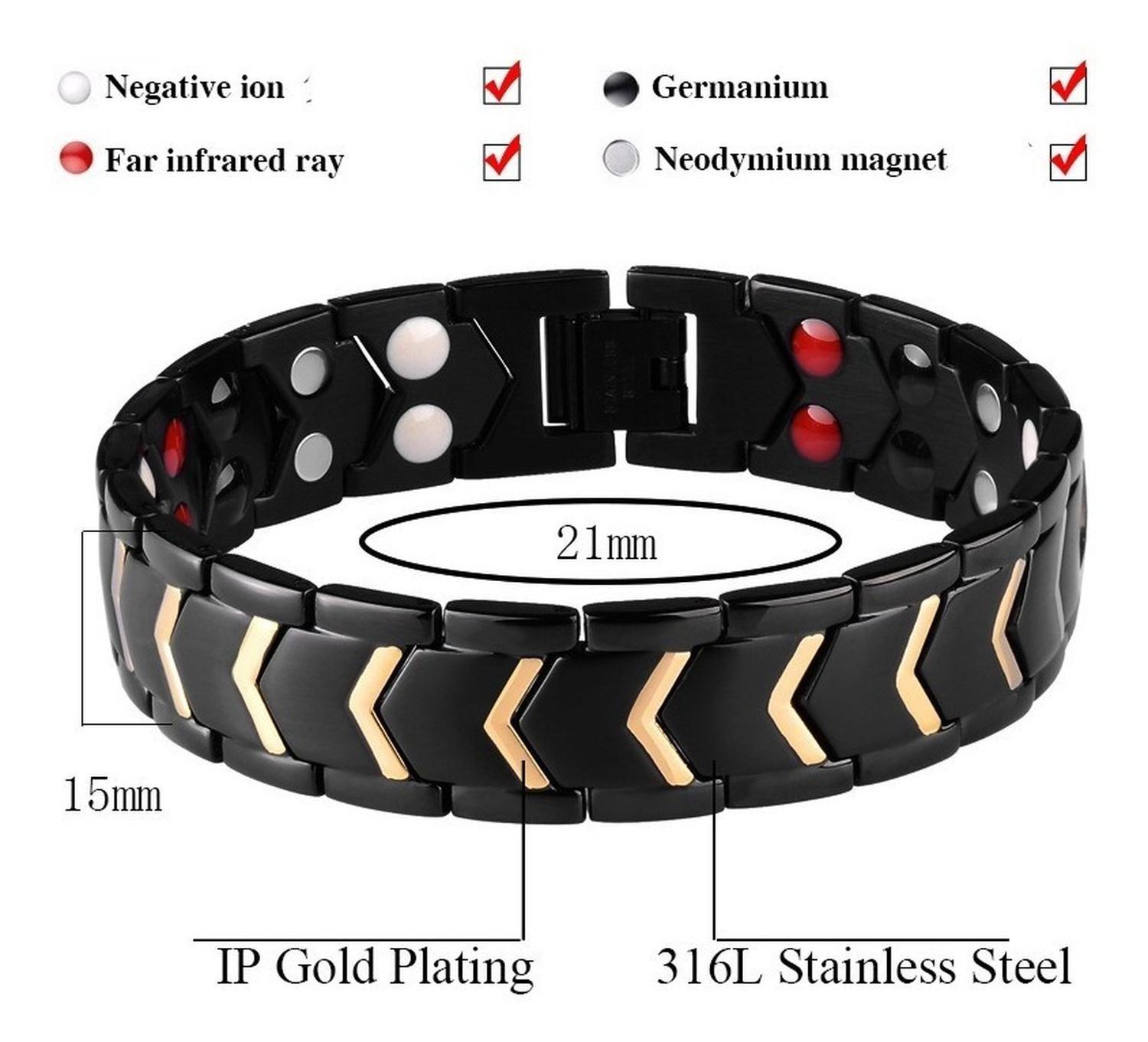 Pulsera Magnetica Acero Titanio Terapia Imanes Negro Dorado-3