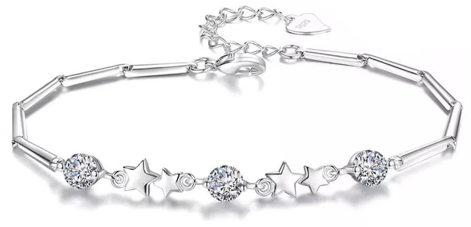 Pulsera Plata 925 Estrellas Ajustable Circones en Oro Blanco-0