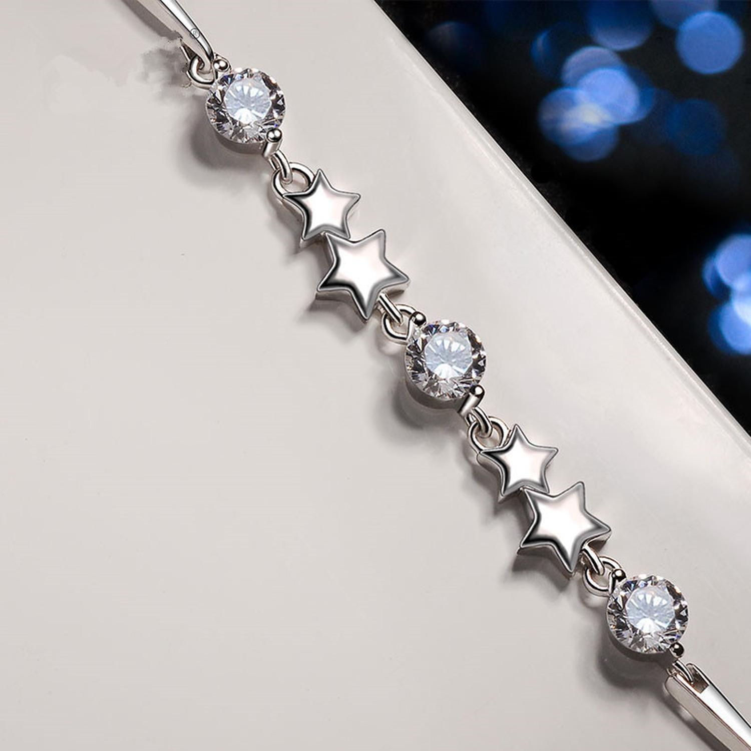 Pulsera Plata 925 Estrellas Ajustable Circones en Oro Blanco-2