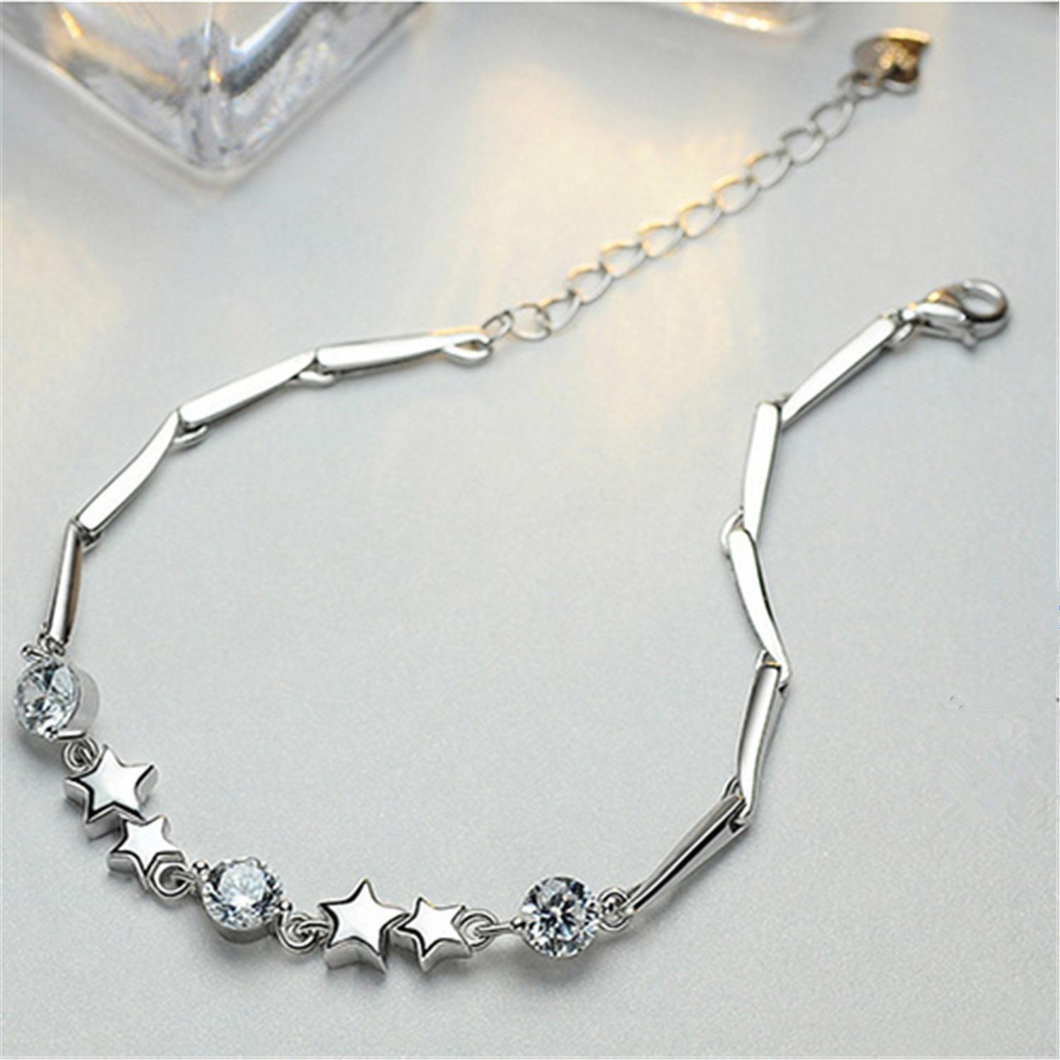 Pulsera Plata 925 Estrellas Ajustable Circones en Oro Blanco-3