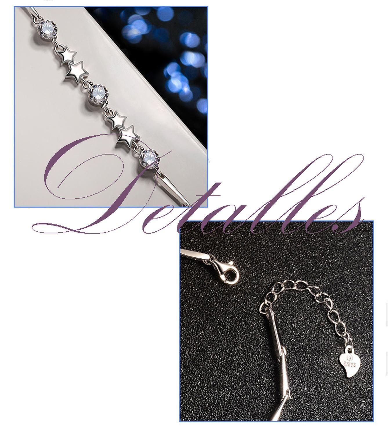 Pulsera Plata 925 Estrellas Ajustable Circones en Oro Blanco-4