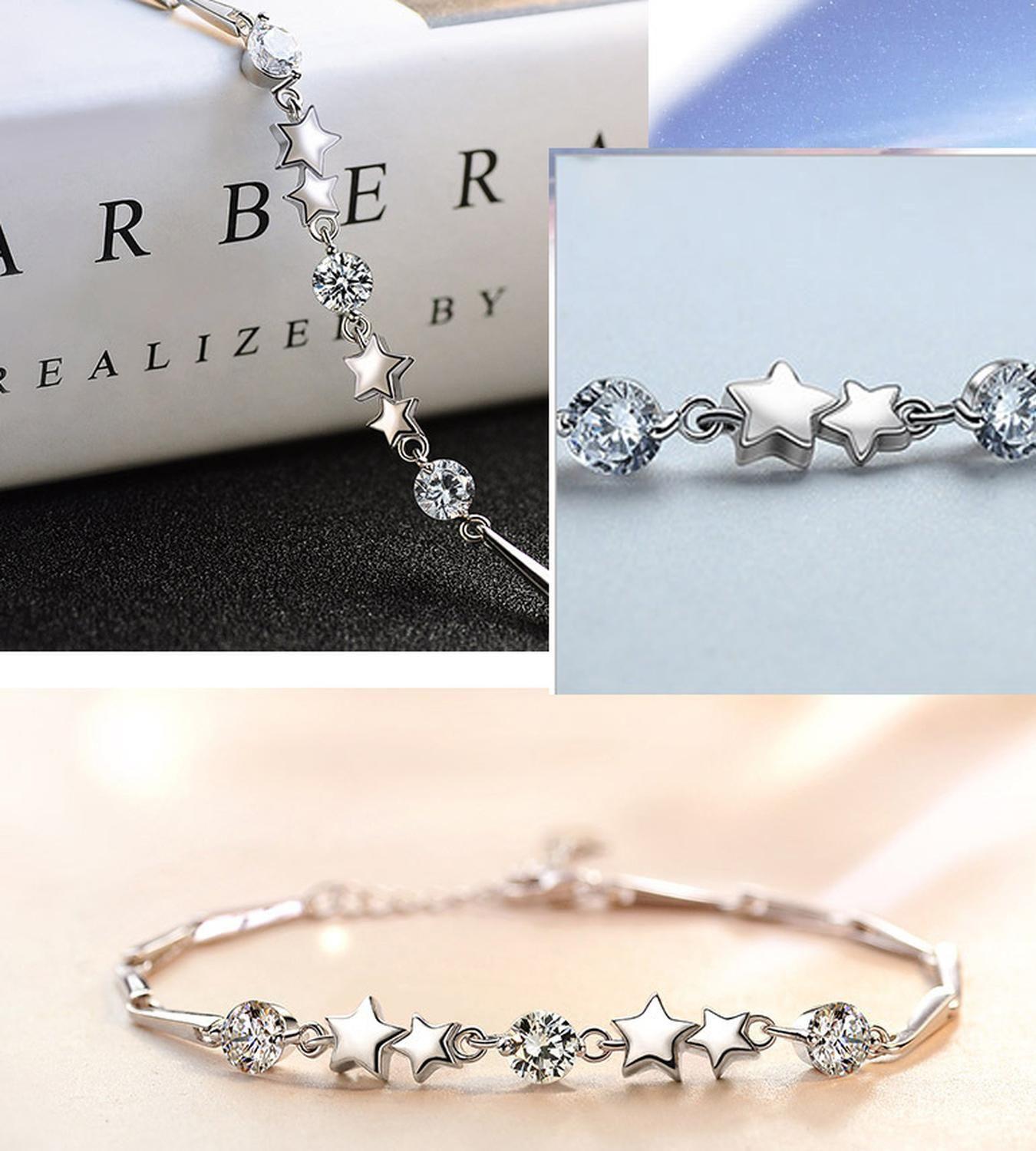 Pulsera Plata 925 Estrellas Ajustable Circones en Oro Blanco-5