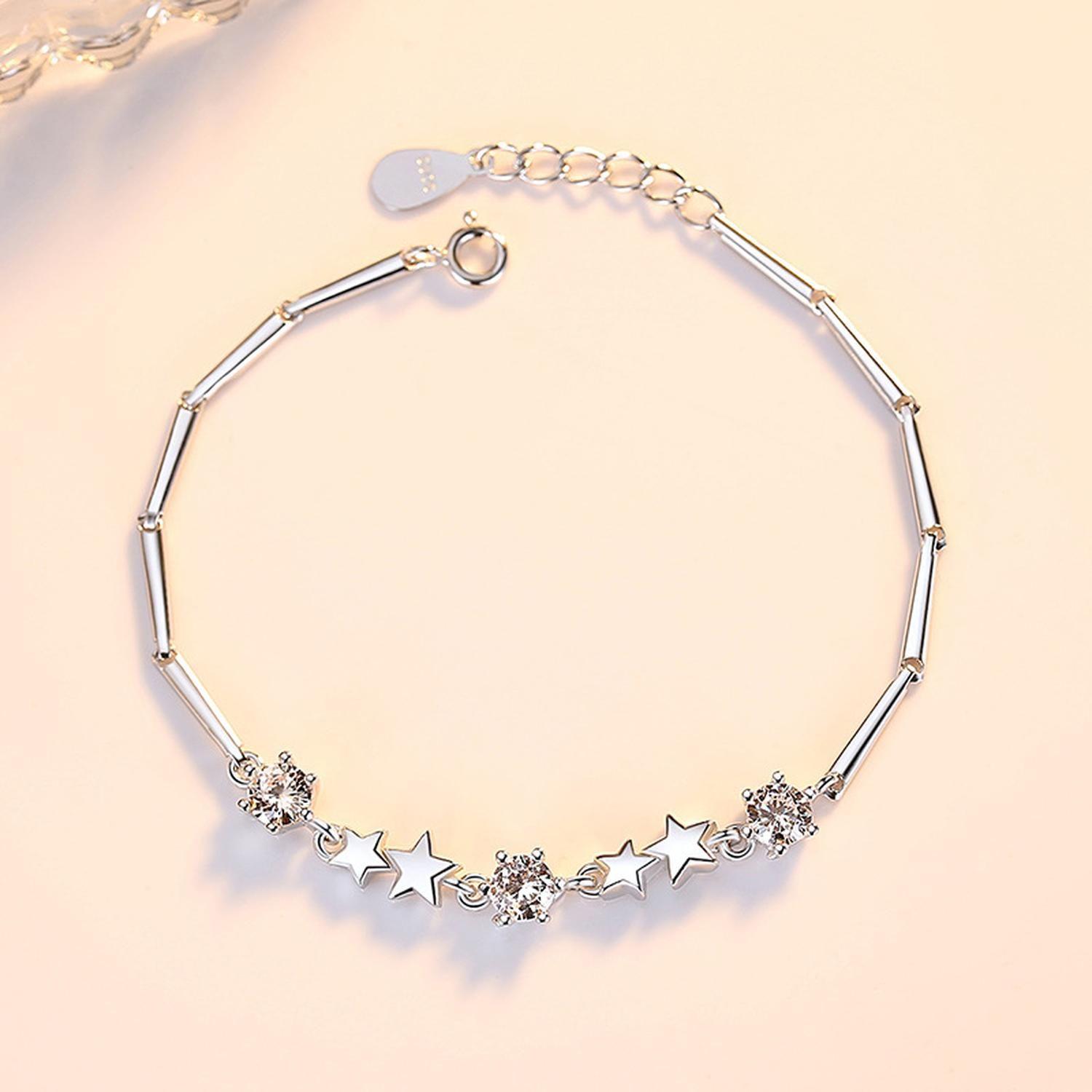 Pulsera Plata 925 Estrellas Ajustable Circones en Oro Blanco-6