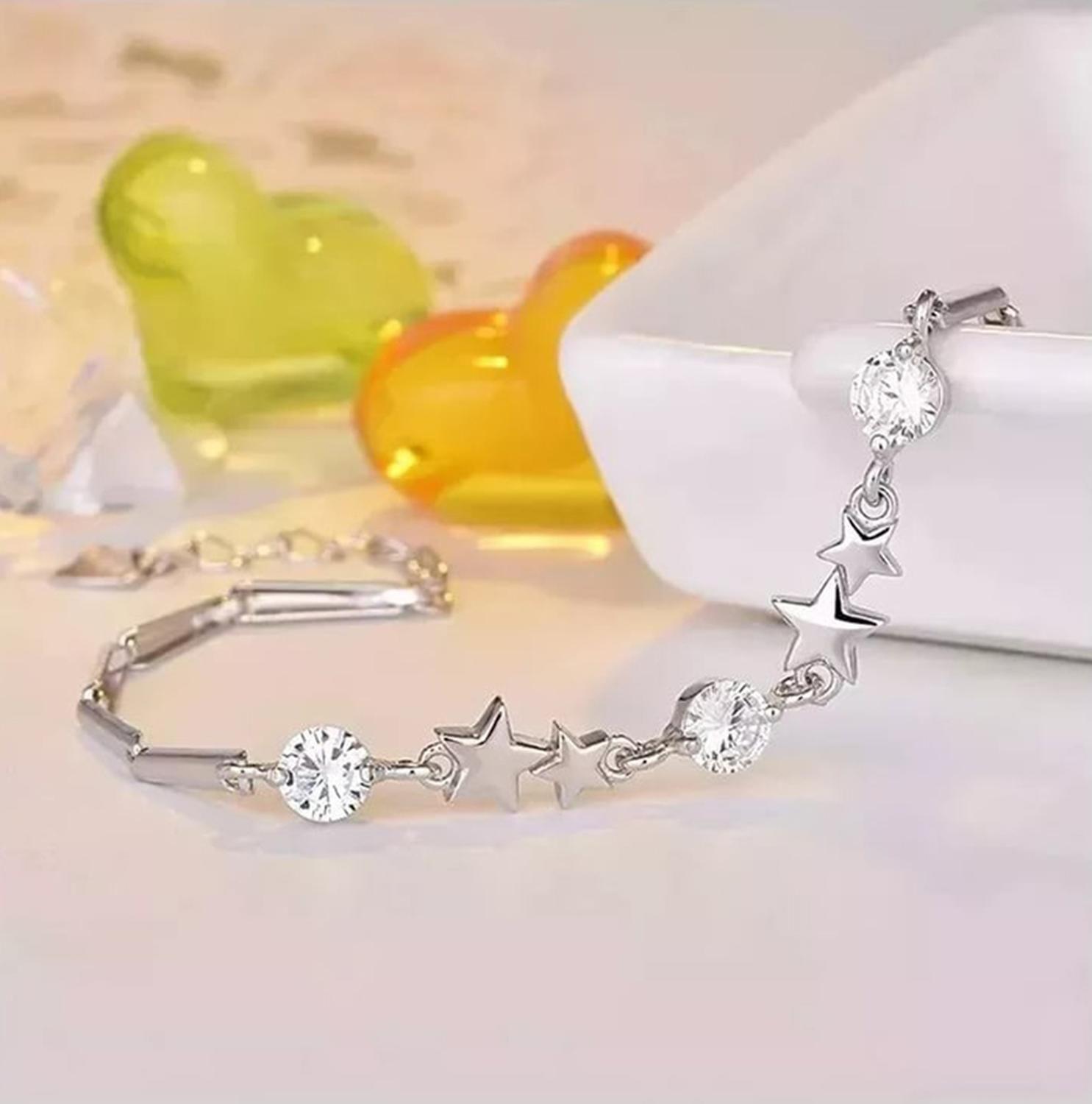 Pulsera Plata 925 Estrellas Ajustable Circones en Oro Blanco-7