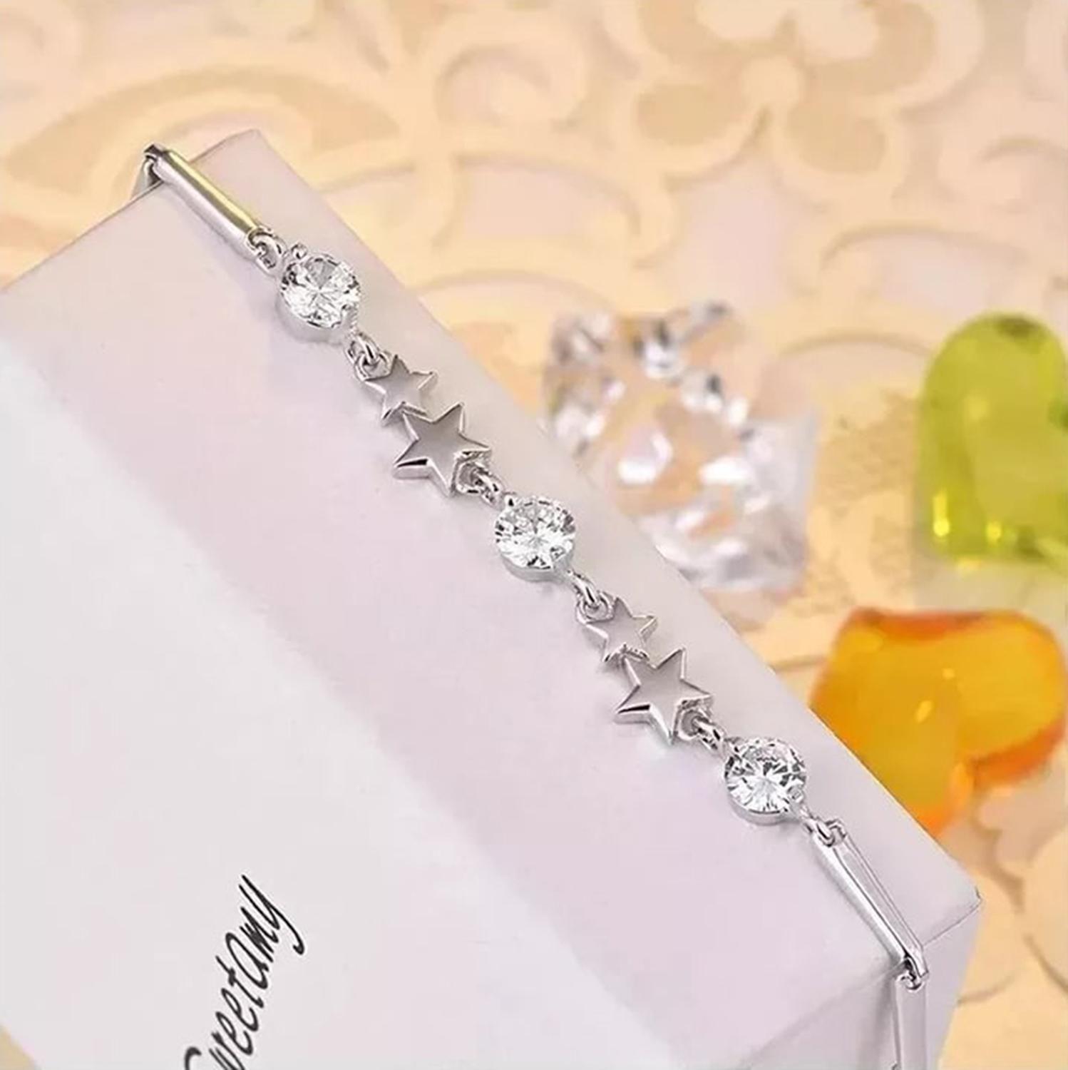 Pulsera Plata 925 Estrellas Ajustable Circones en Oro Blanco-8