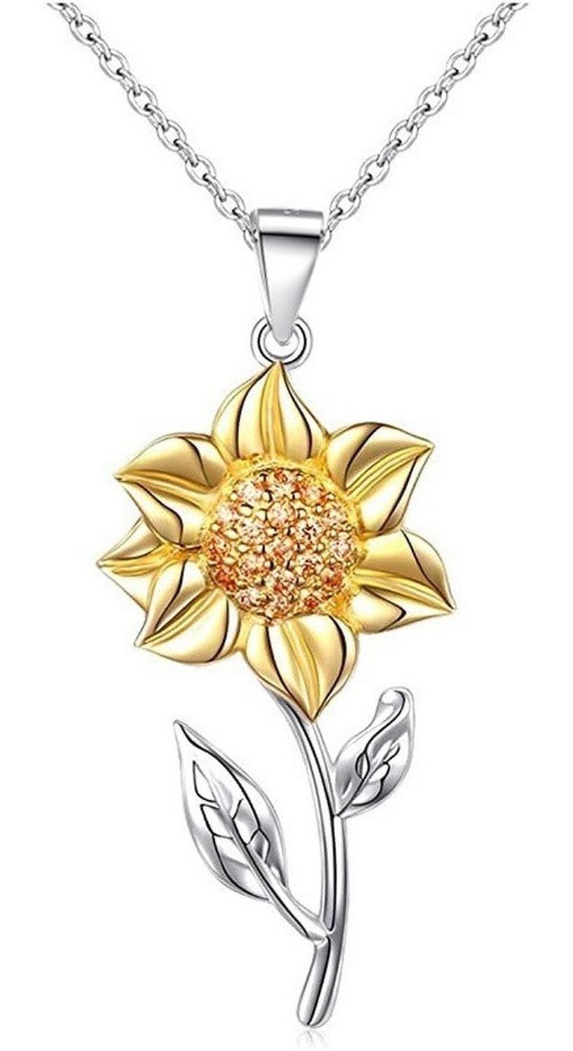 Collar Plata Fina 925 Girasol Flor Baño Oro 18k Mujer Regalo-0