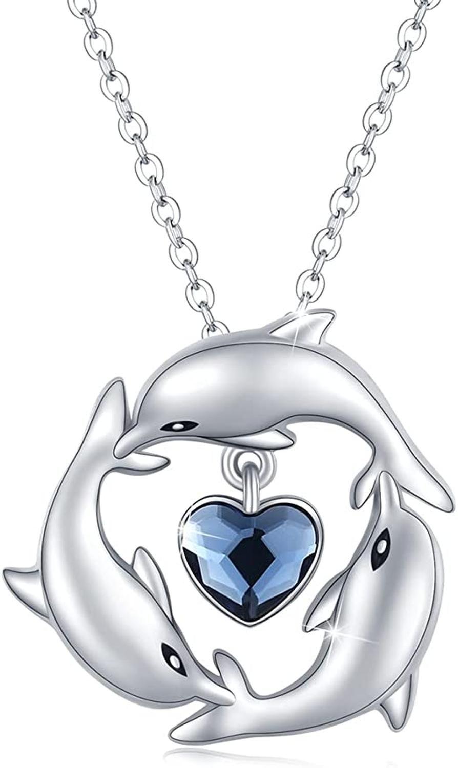 Collar Plata 925 Colgante Delfines Corazon de Cristal Joyas-0