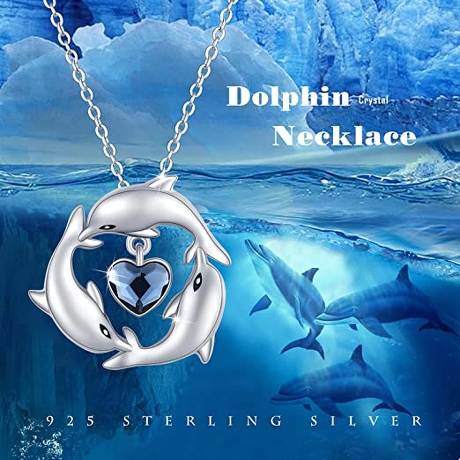 Collar Plata 925 Colgante Delfines Corazon de Cristal Joyas-1