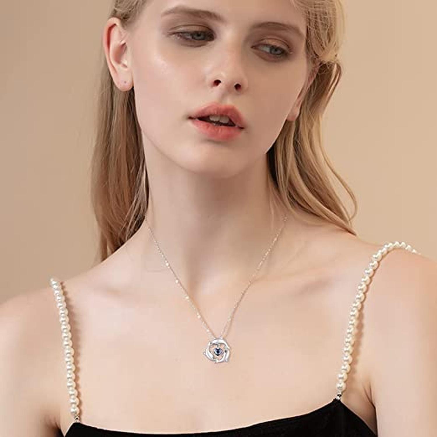 Collar Plata 925 Colgante Delfines Corazon de Cristal Joyas-2