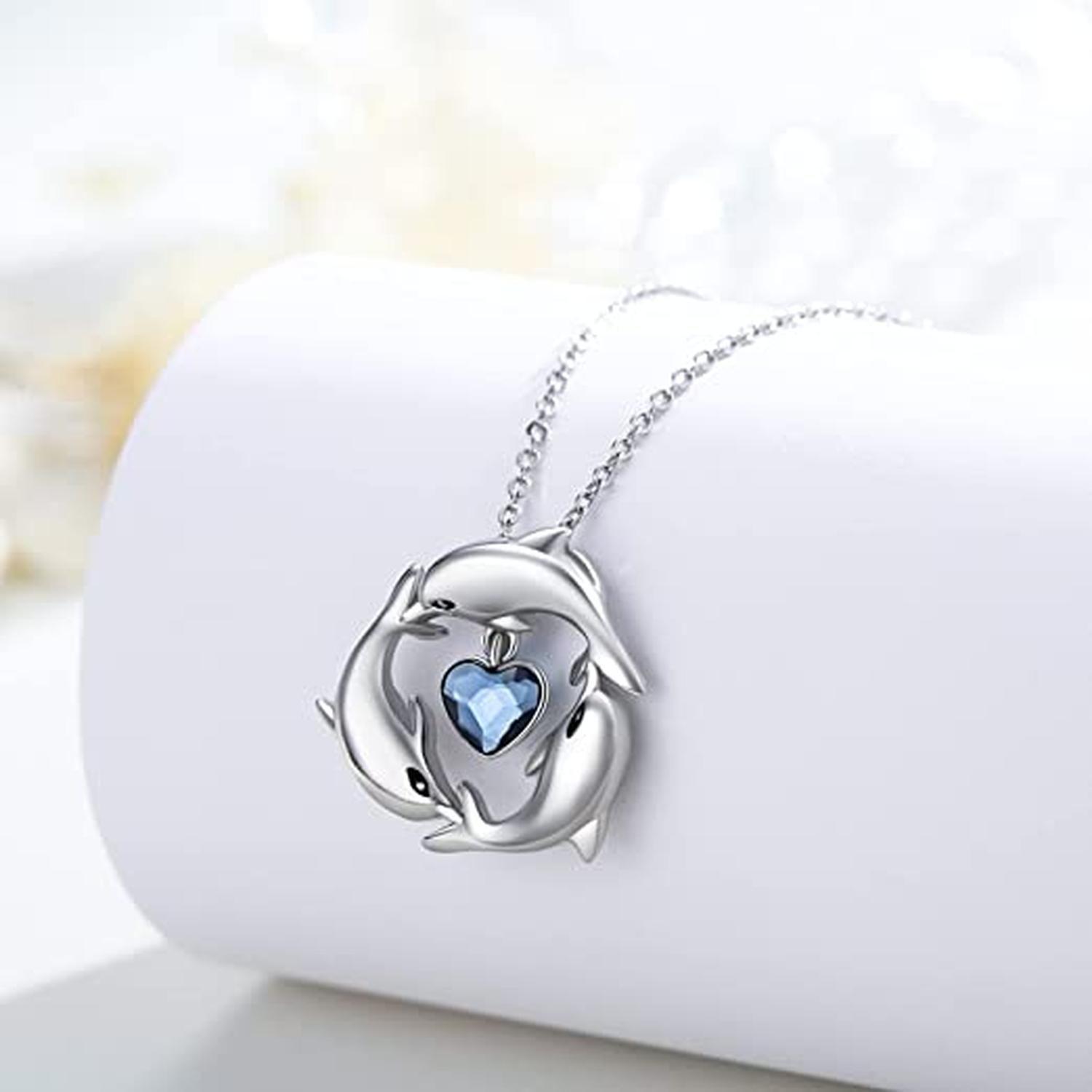 Collar Plata 925 Colgante Delfines Corazon de Cristal Joyas-3