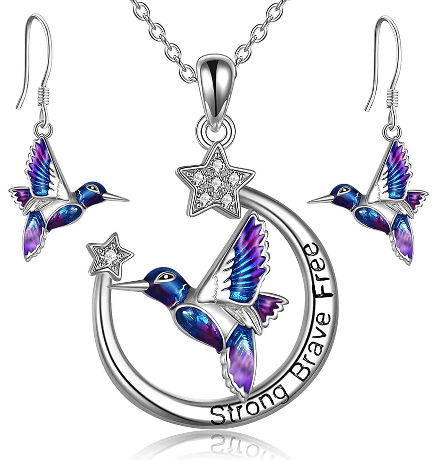 Set Conjunto Aros y Collar Plata 925 Colibrí Luna Estrellas-0