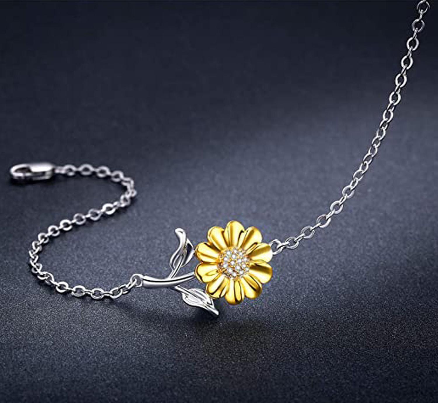 Pulsera Brazalete Plata Fina 925 Flor Girasol Tallo Mujer-3