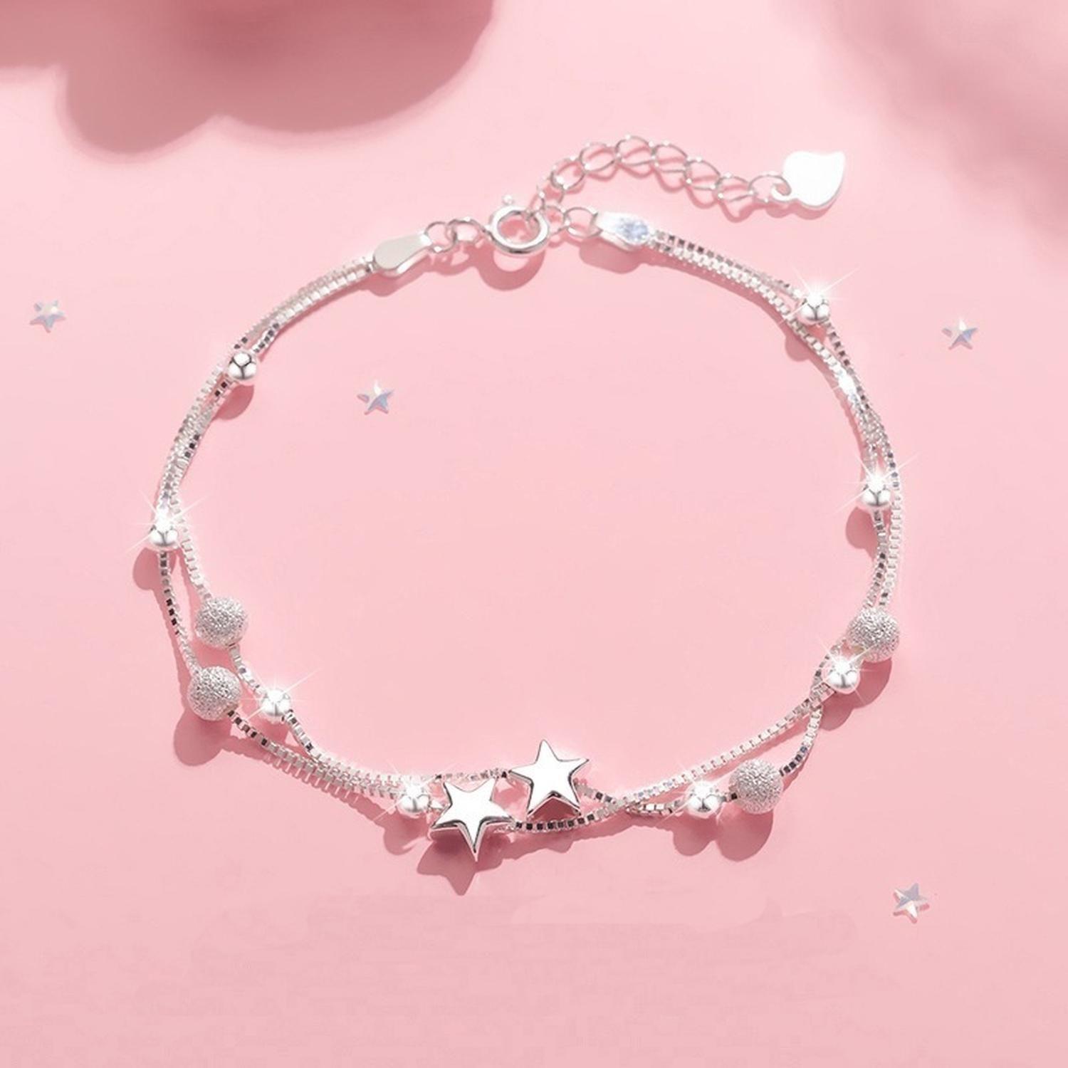 Pulsera Plata Fina 925 Elegante Cuentas De Estrellas Esferas-2