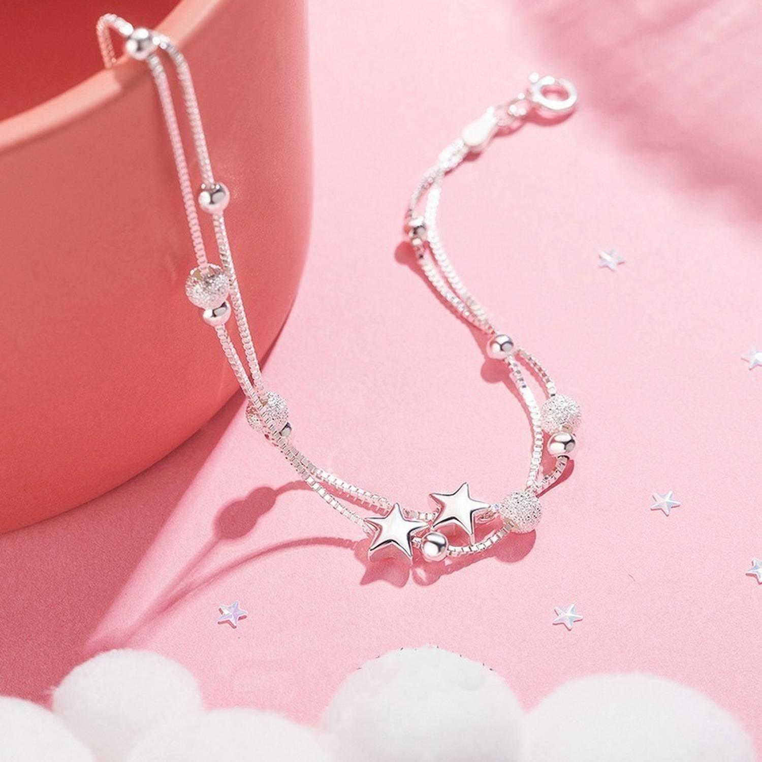 Pulsera Plata Fina 925 Elegante Cuentas De Estrellas Esferas-3