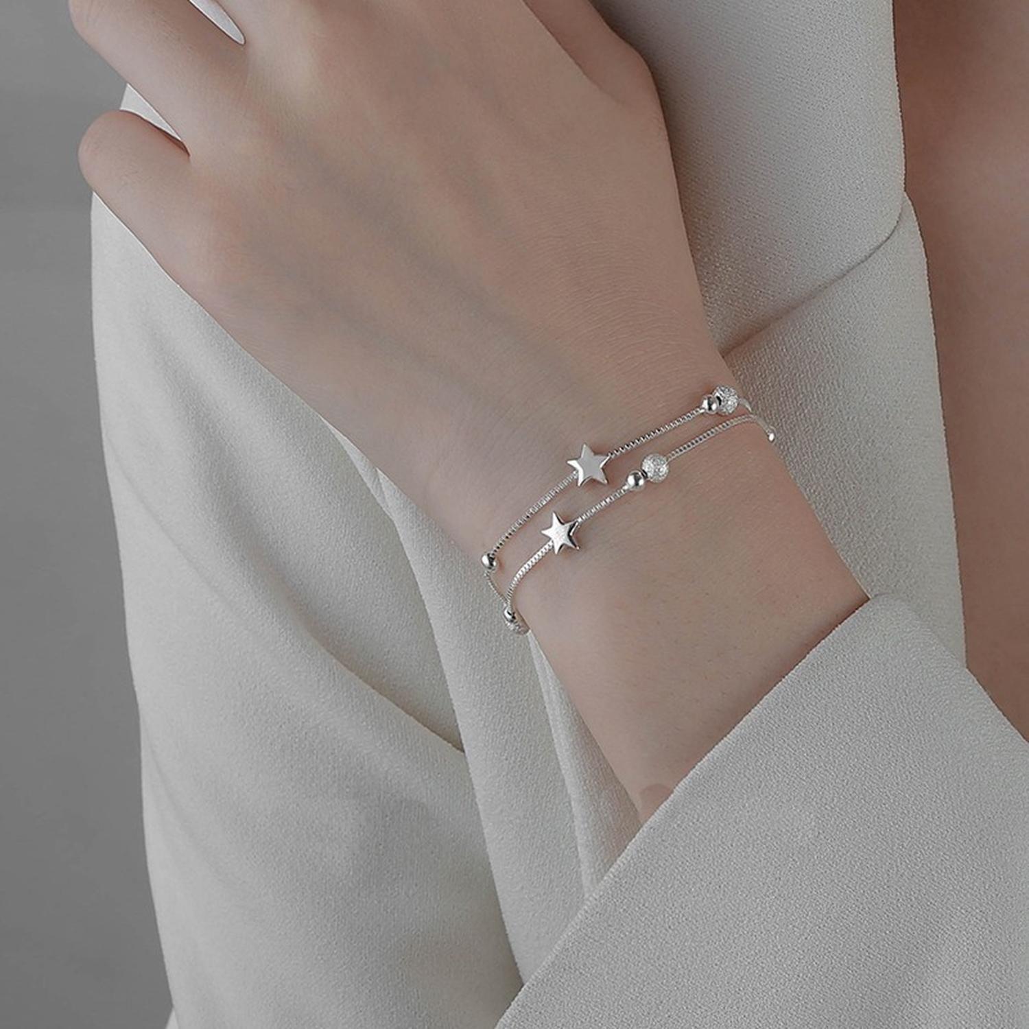 Pulsera Plata Fina 925 Elegante Cuentas De Estrellas Esferas-5