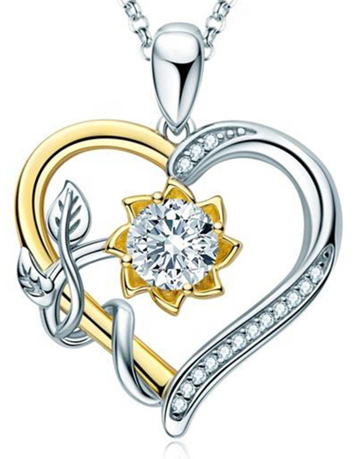 Collar Plata Fina 925 Corazon Girasol Moissanita Baño Oro-0