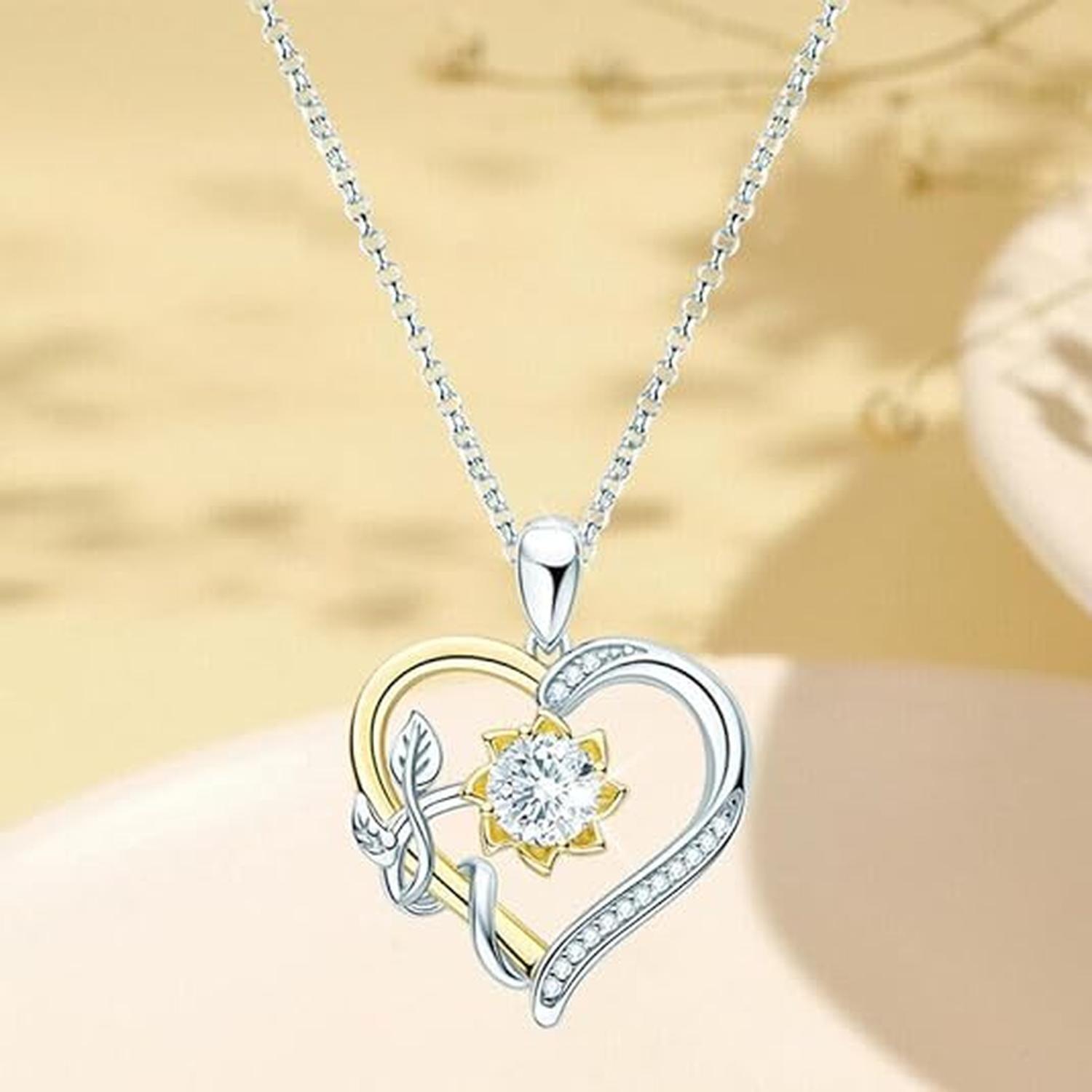 Collar Plata Fina 925 Corazon Girasol Moissanita Baño Oro-2